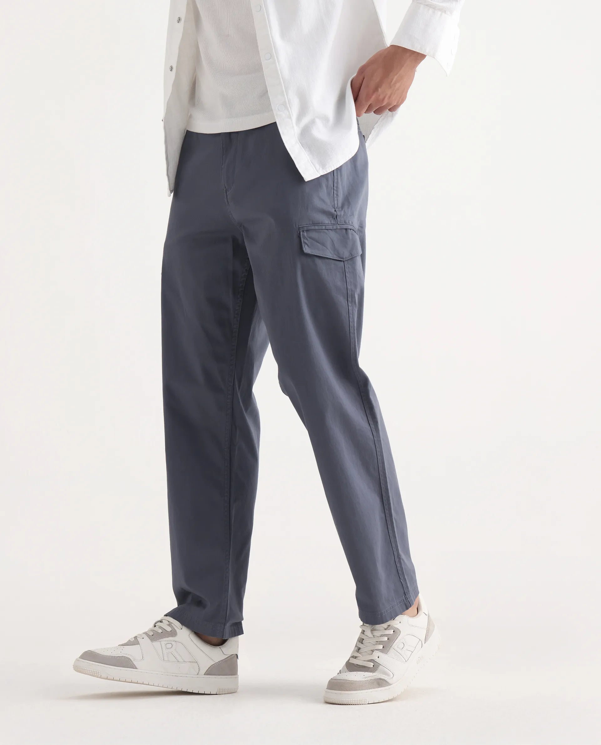 Rare Rabbit Men's Zipo Dusky Blue Cotton Plain Regular Fit Trouser
