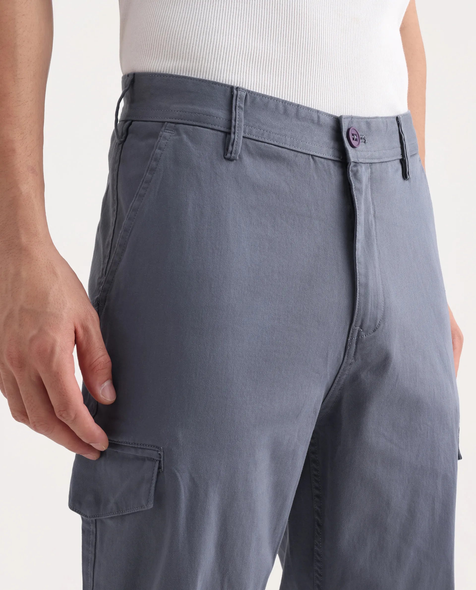 Rare Rabbit Men's Zipo Dusky Blue Cotton Plain Regular Fit Trouser