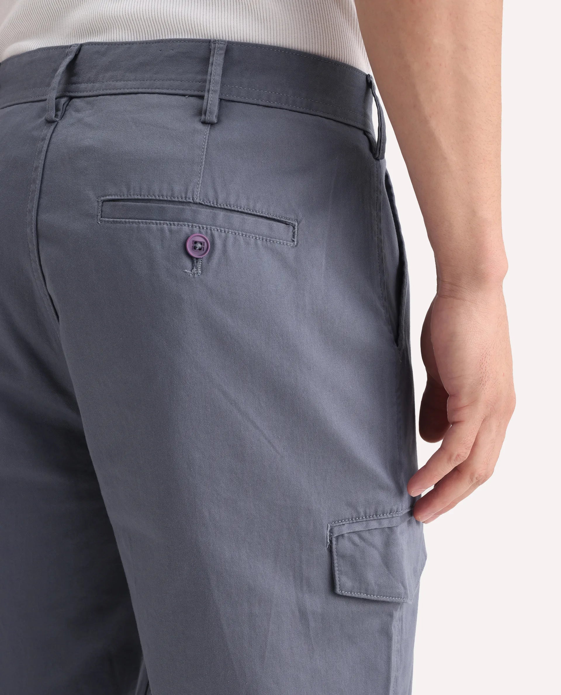 Rare Rabbit Men's Zipo Dusky Blue Cotton Plain Regular Fit Trouser