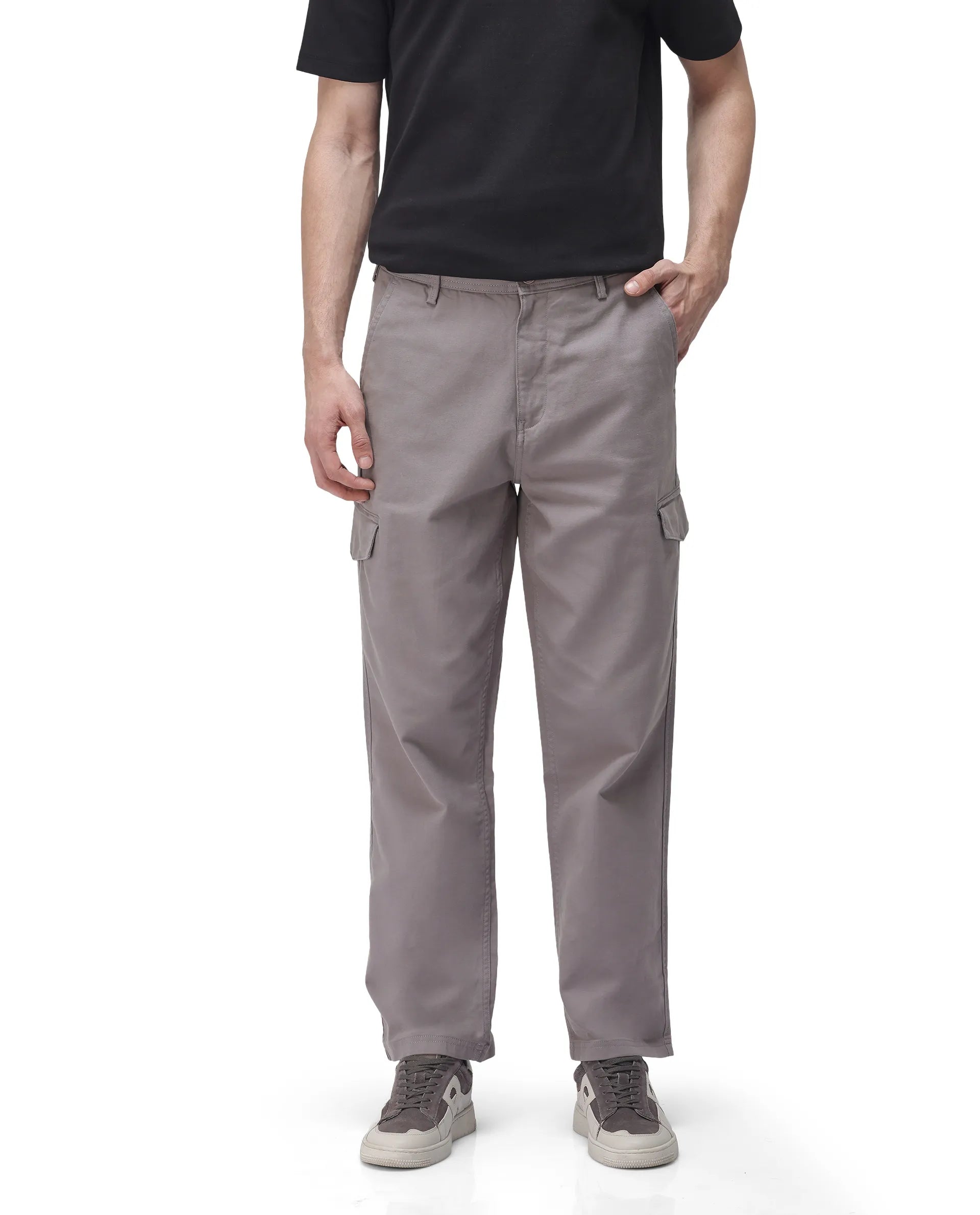 Rare Rabbit Men's Zipo Dark Grey Cotton Plain Regular Fit Trouser