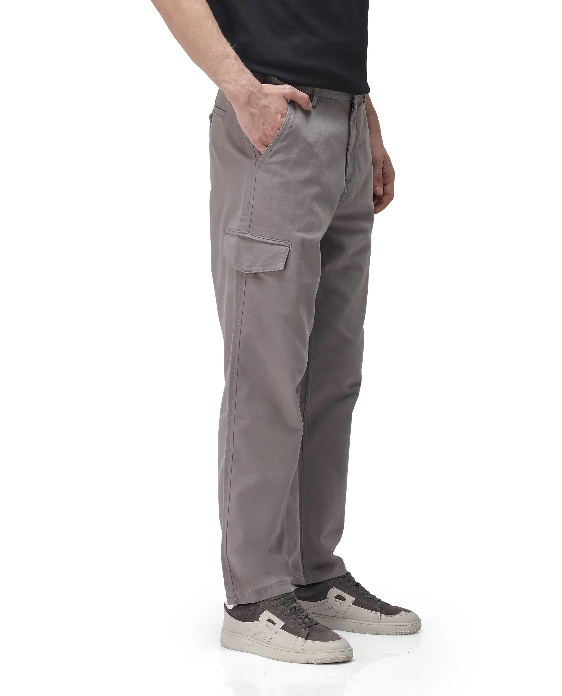 Rare Rabbit Men's Zipo Dark Grey Cotton Plain Regular Fit Trouser