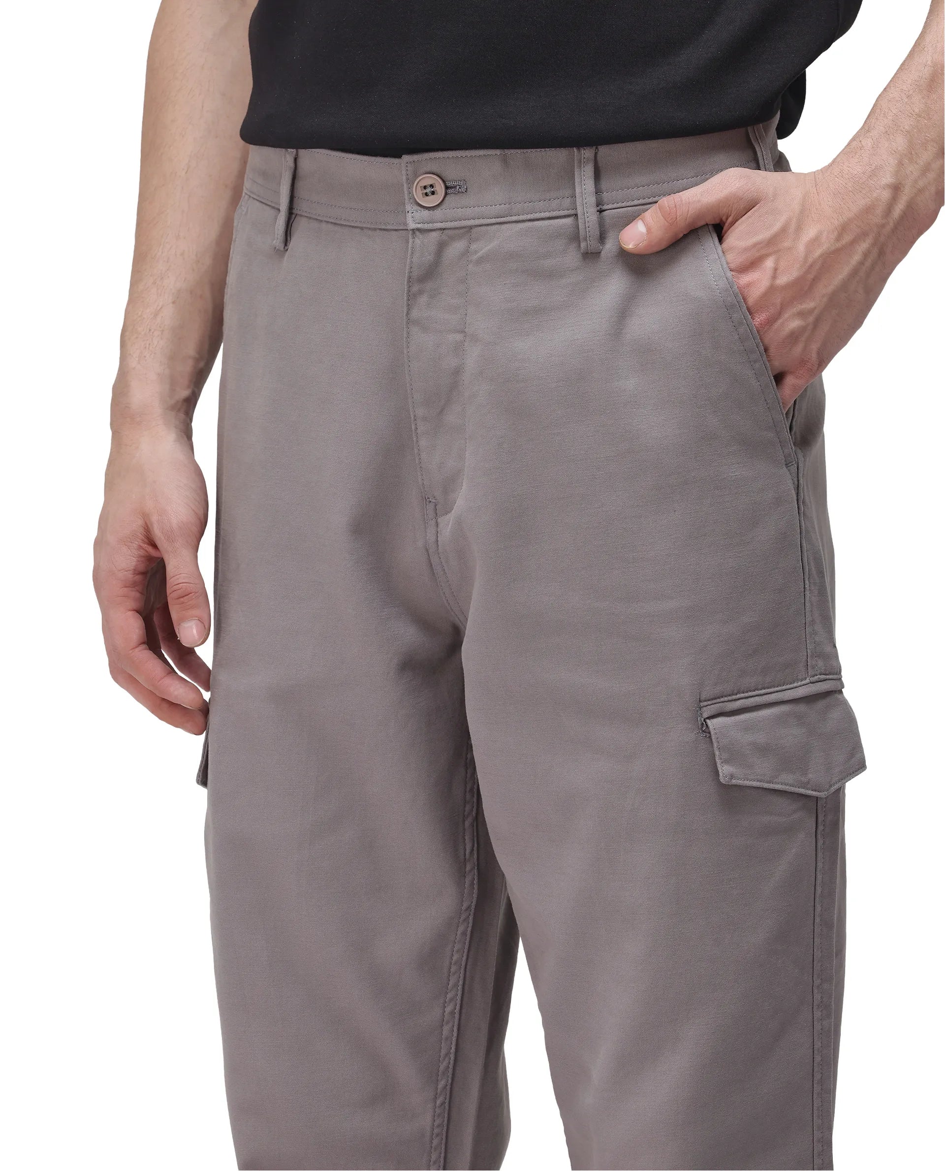 Rare Rabbit Men's Zipo Dark Grey Cotton Plain Regular Fit Trouser