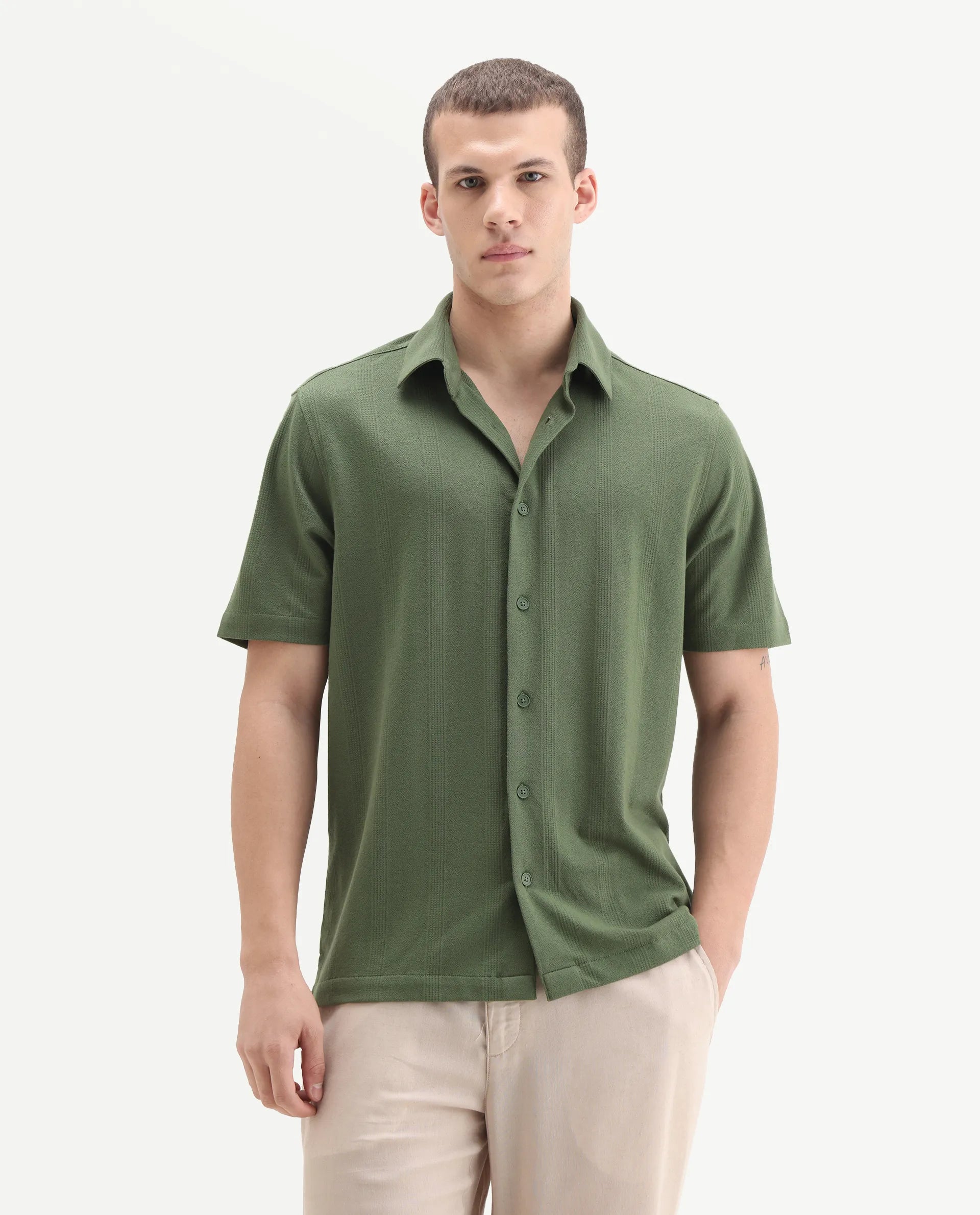 Rare Rabbit Men's Zipo Light Olive Cotton Fabric Spread Collar Relaxed Fit Jacquard Shirt
