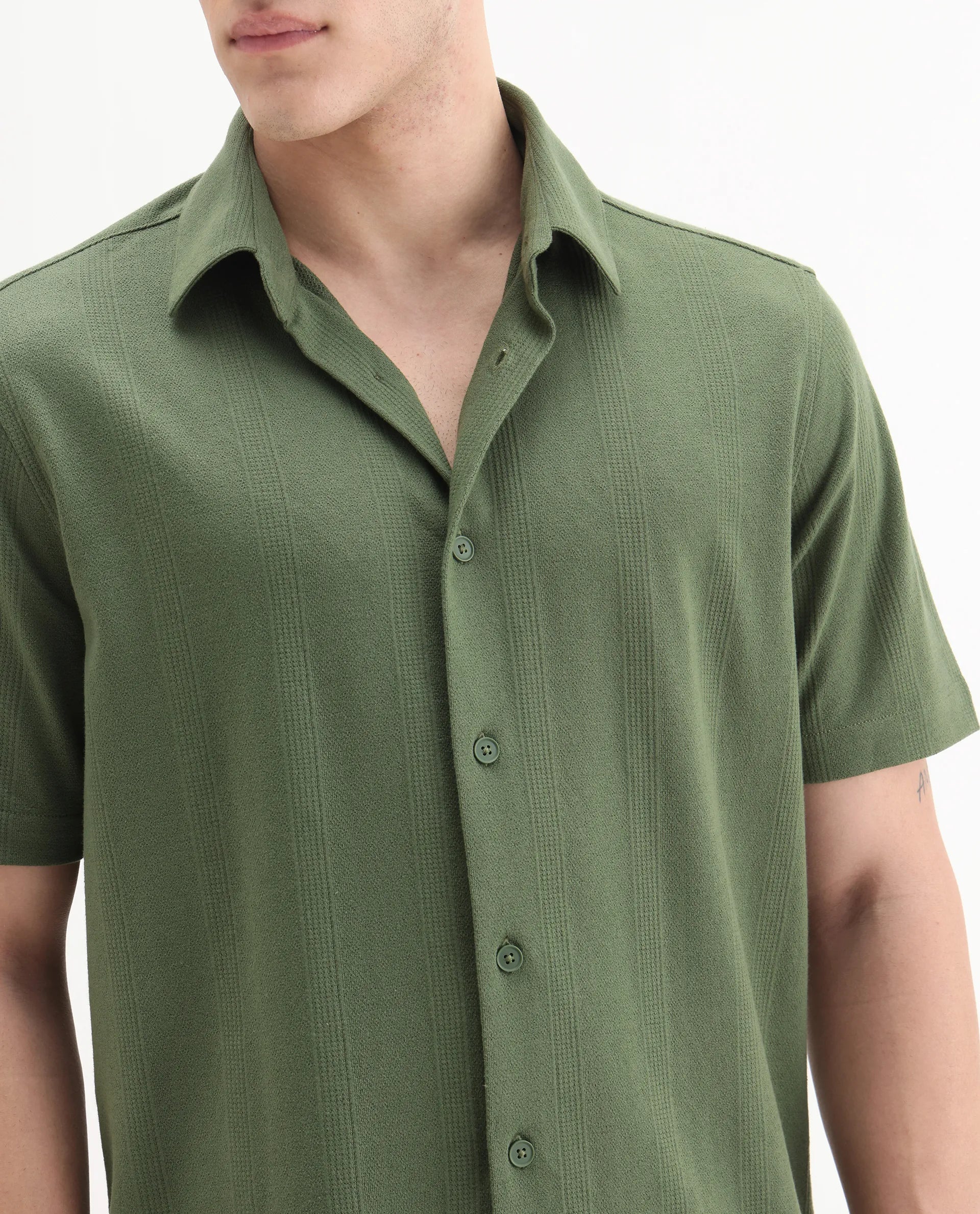 Rare Rabbit Men's Zipo Light Olive Cotton Fabric Spread Collar Relaxed Fit Jacquard Shirt