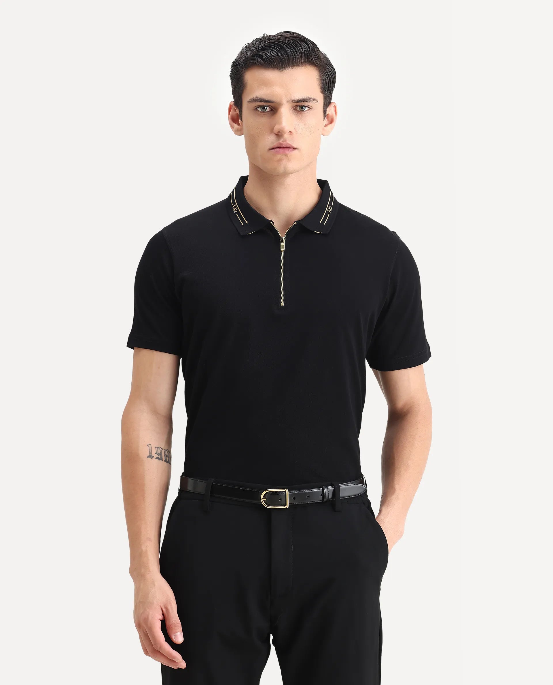 Rare Rabbit Men's Zire-1 Black Cotton Plain Regular Fit Half Sleeve Polo