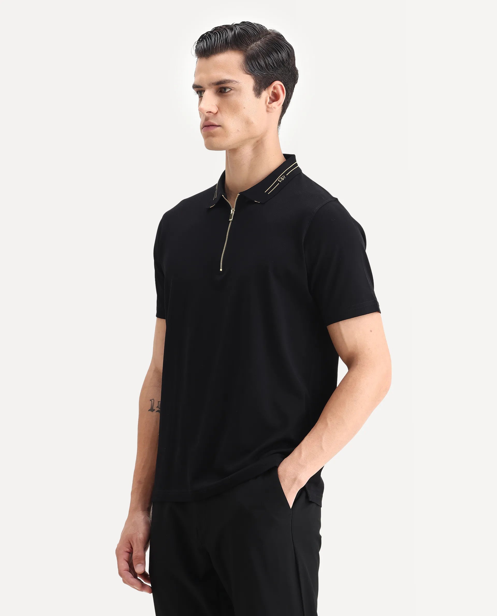 Rare Rabbit Men's Zire-1 Black Cotton Plain Regular Fit Half Sleeve Polo