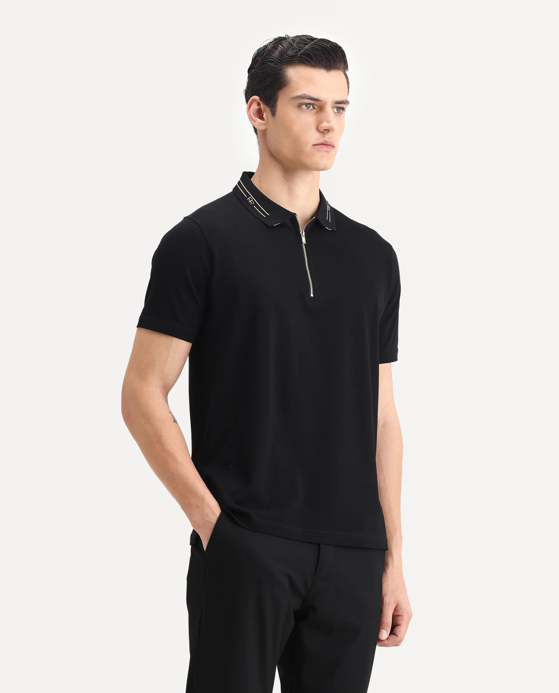 Rare Rabbit Men's Zire-1 Black Cotton Plain Regular Fit Half Sleeve Polo