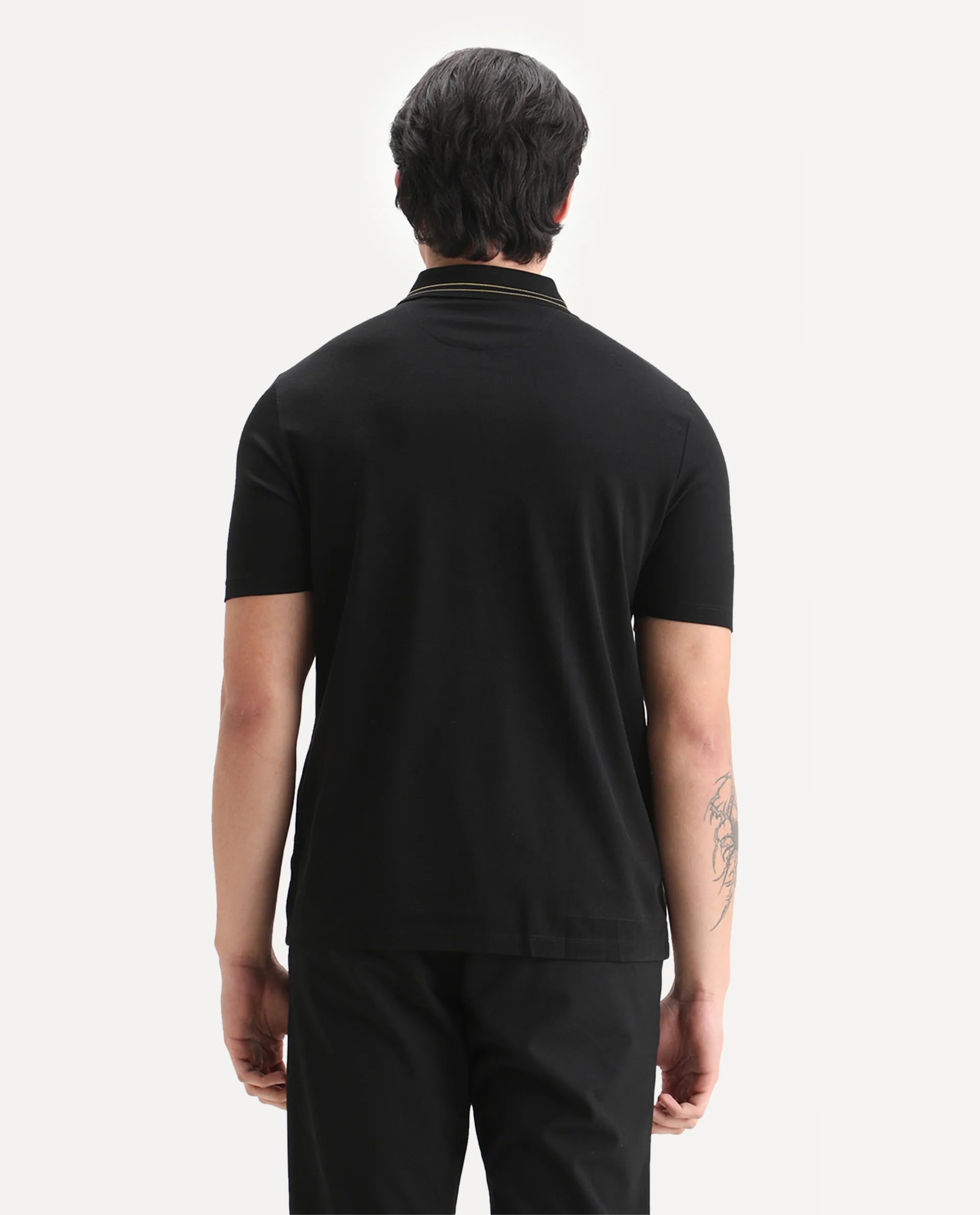 Rare Rabbit Men's Zire-25 Black Cotton Plain Regular Fit Half Sleeve Polo