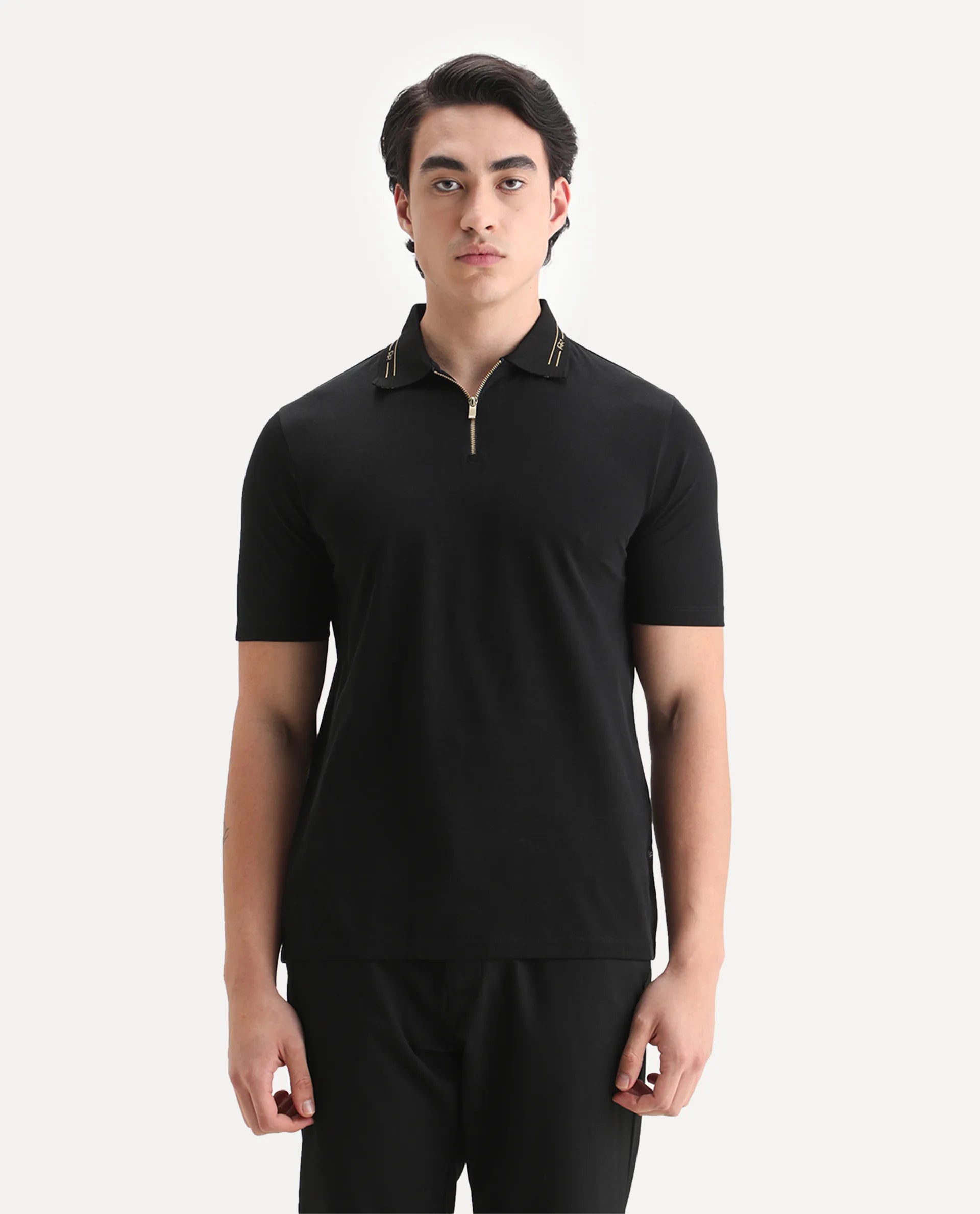 Rare Rabbit Men's Zire-25 Black Cotton Plain Regular Fit Half Sleeve Polo