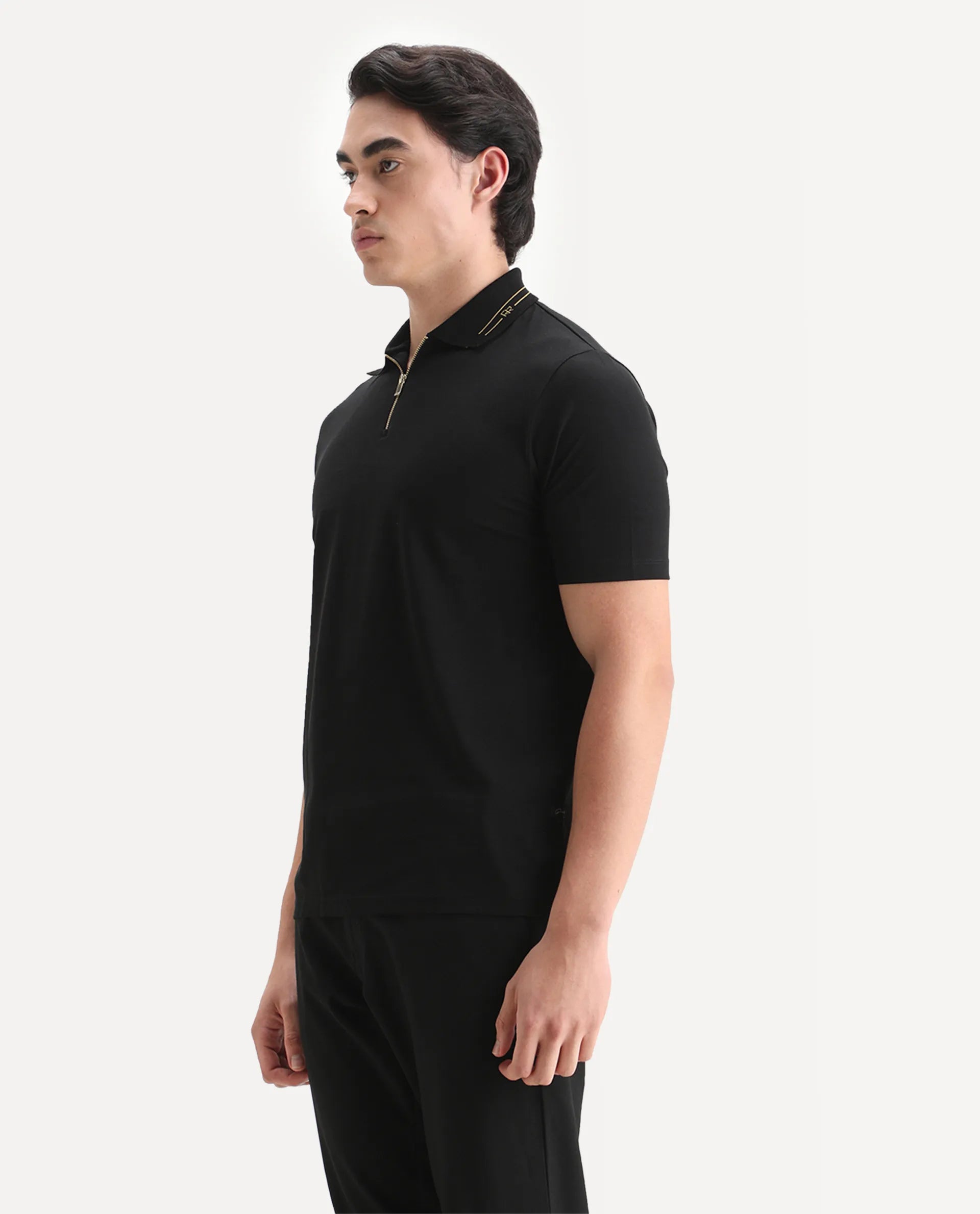Rare Rabbit Men's Zire-25 Black Cotton Plain Regular Fit Half Sleeve Polo