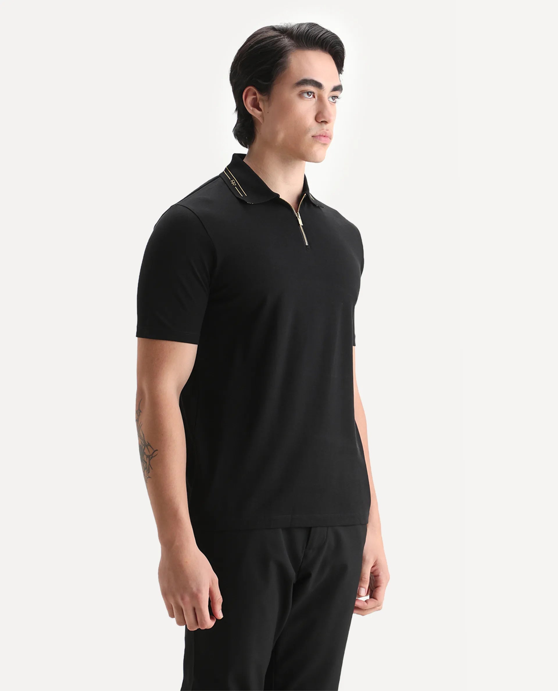 Rare Rabbit Men's Zire-25 Black Cotton Plain Regular Fit Half Sleeve Polo