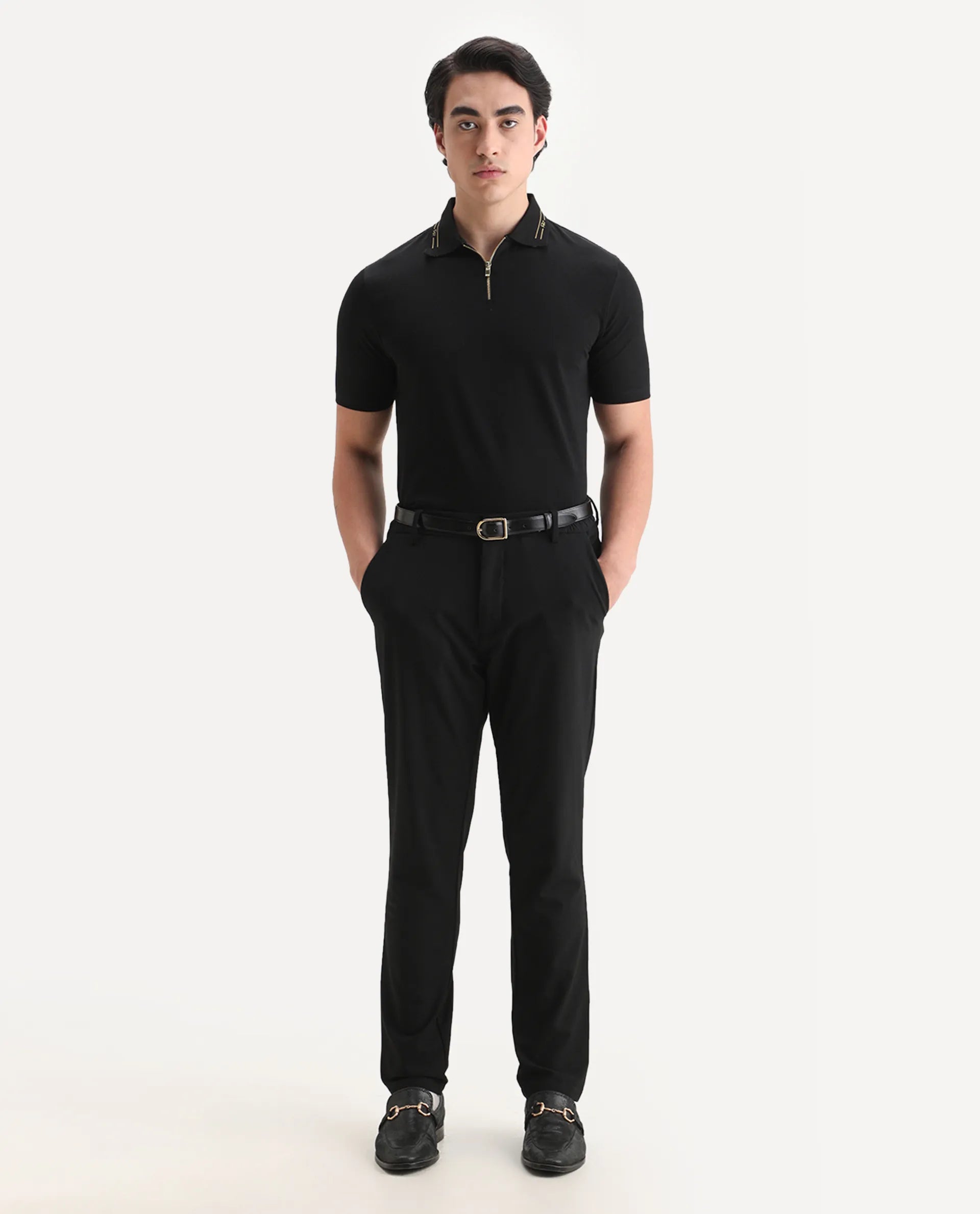 Rare Rabbit Men's Zire-25 Black Cotton Plain Regular Fit Half Sleeve Polo