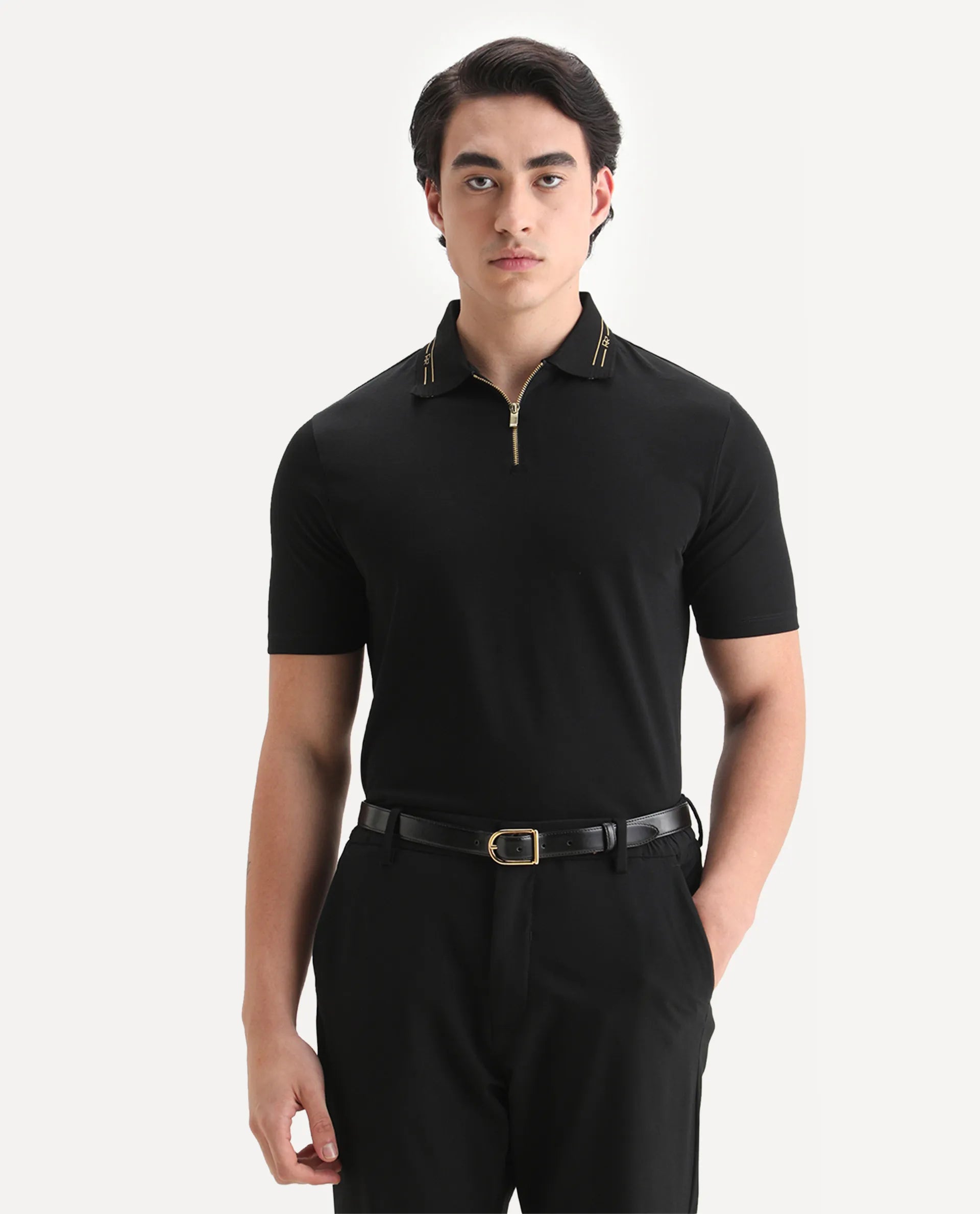 Rare Rabbit Men's Zire-25 Black Cotton Plain Regular Fit Half Sleeve Polo
