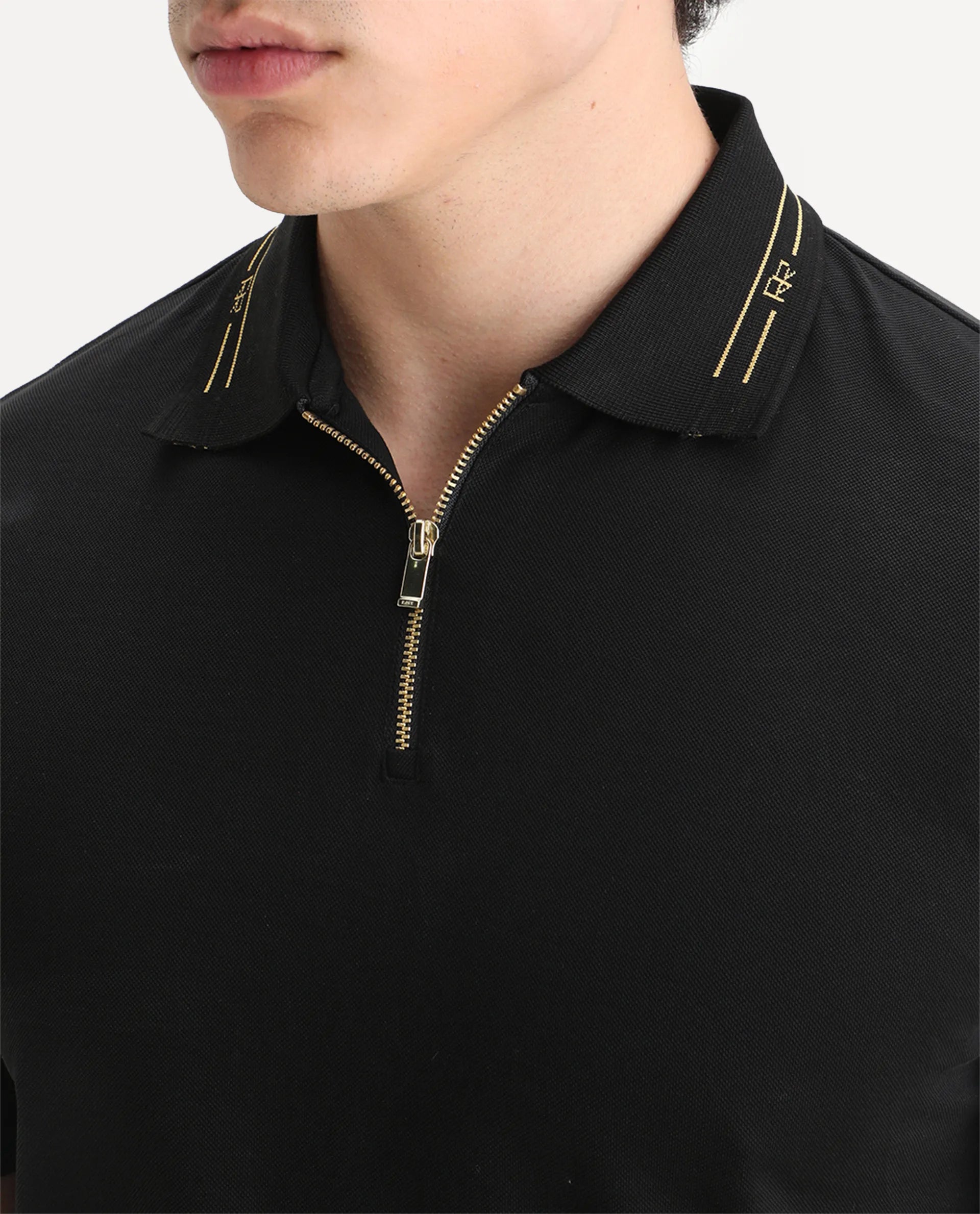 Rare Rabbit Men's Zire-25 Black Cotton Plain Regular Fit Half Sleeve Polo