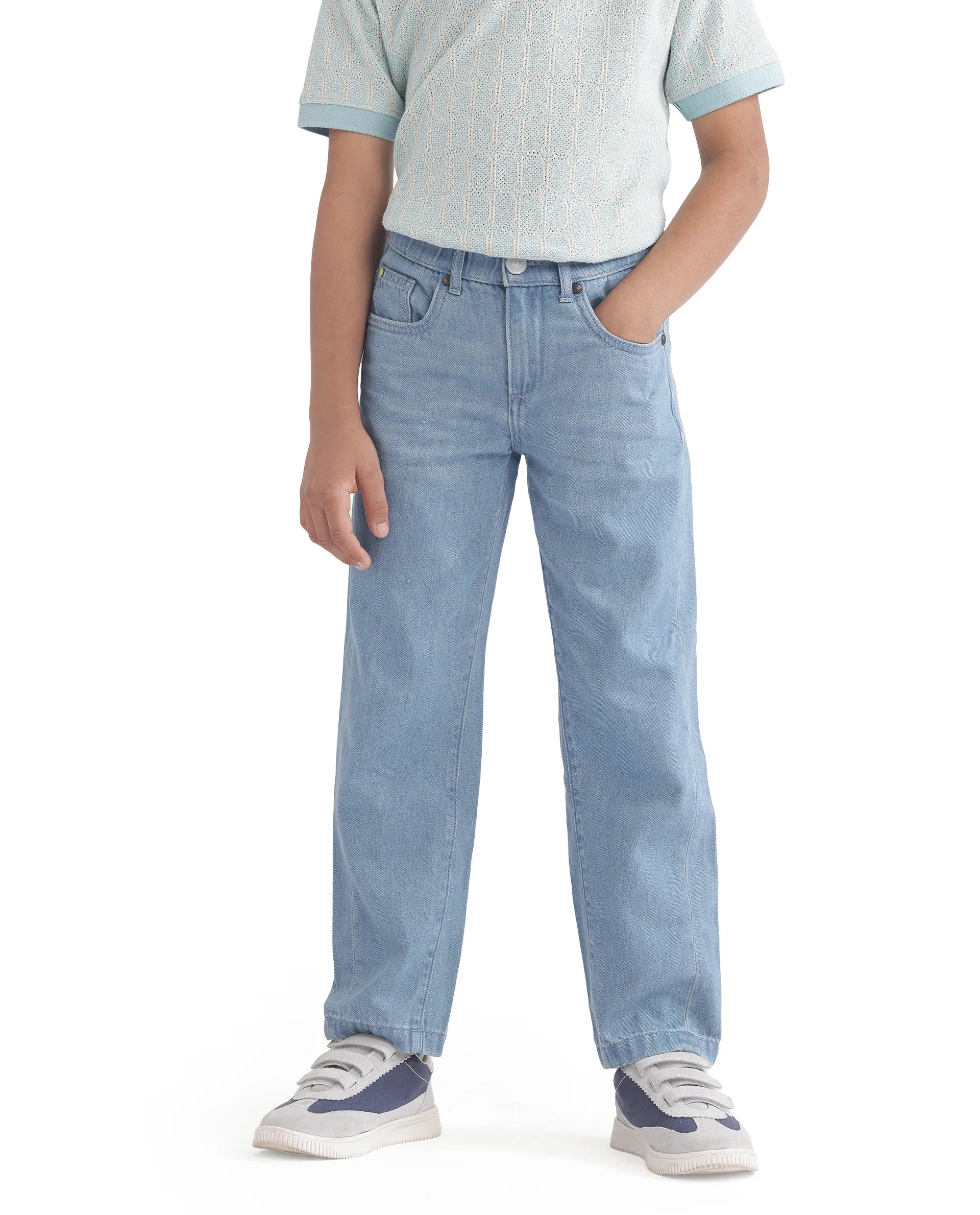 Rare Ones Kids Ziri Blue Cotton Button Closure Plain Regular Fit Jeans