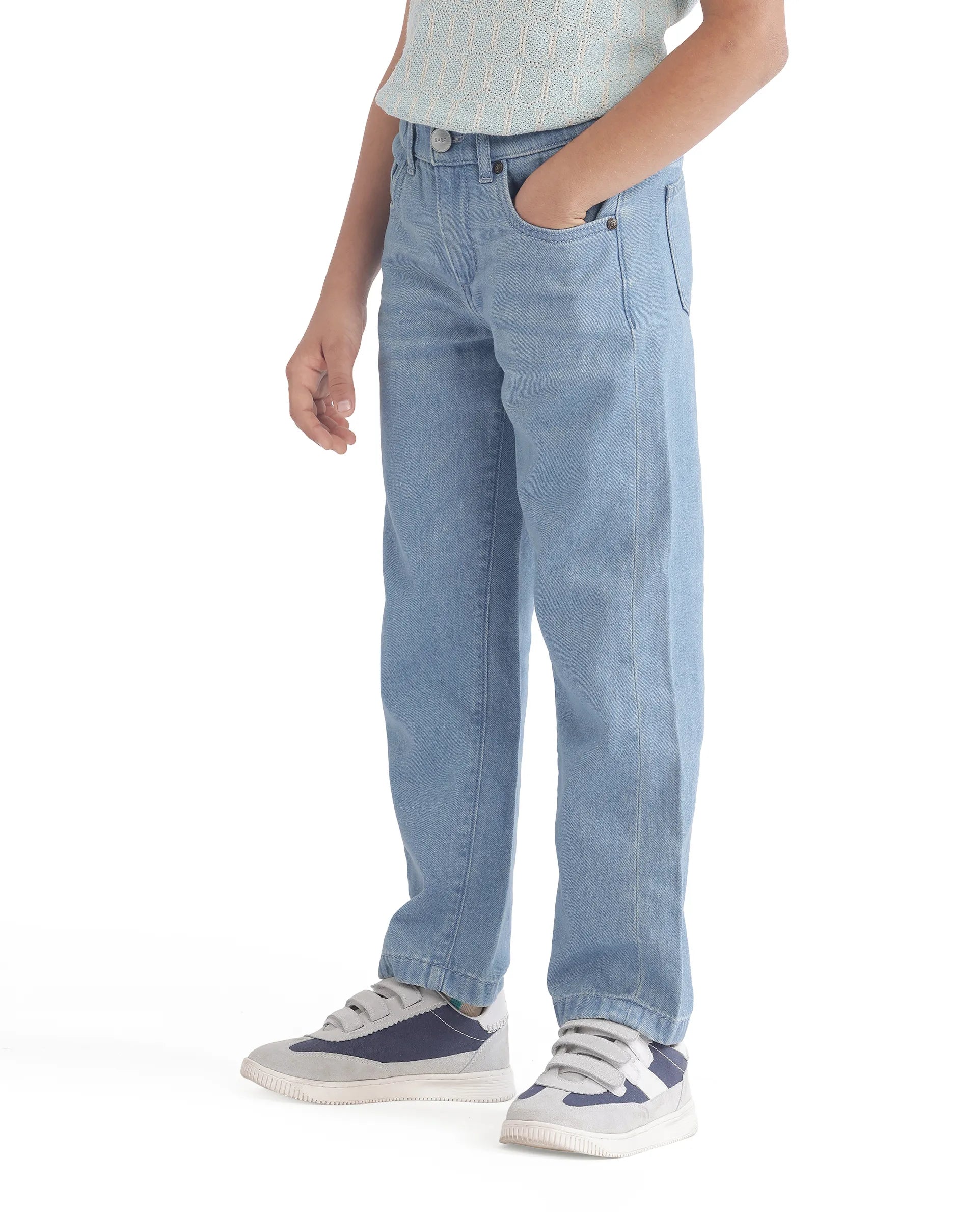 Rare Ones Kids Ziri Blue Cotton Button Closure Plain Regular Fit Jeans