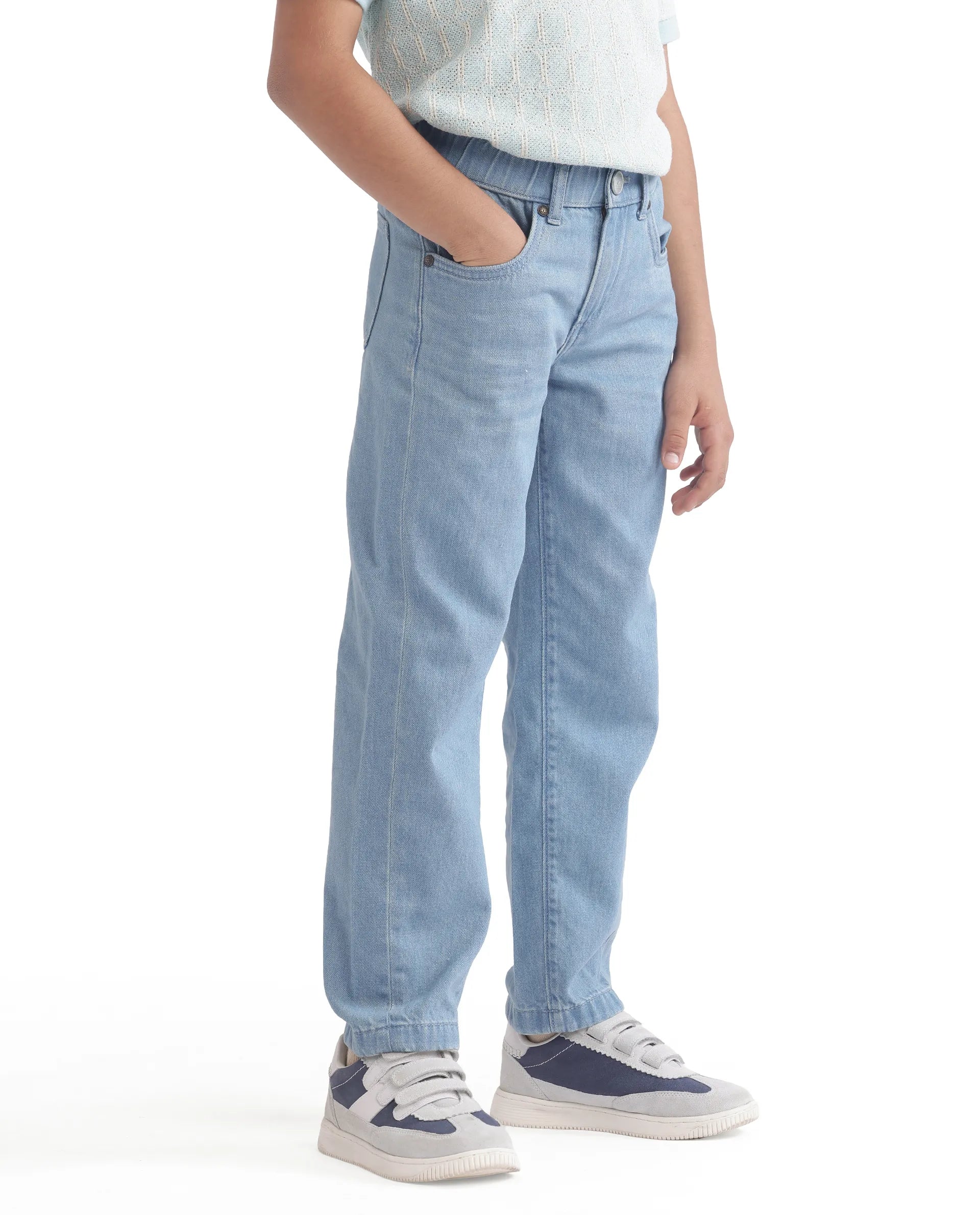 Rare Ones Kids Ziri Blue Cotton Button Closure Plain Regular Fit Jeans