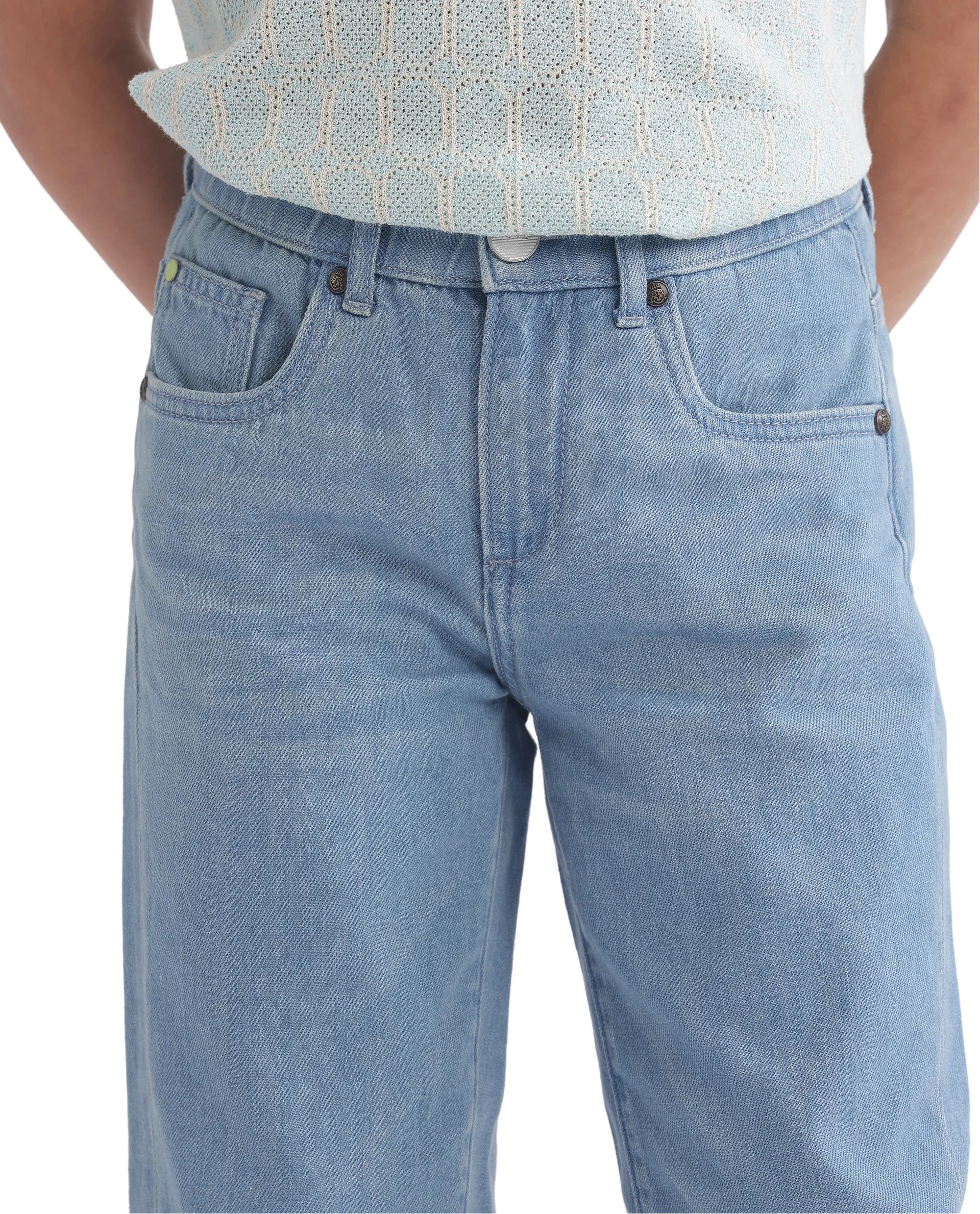 Rare Ones Kids Ziri Blue Cotton Button Closure Plain Regular Fit Jeans