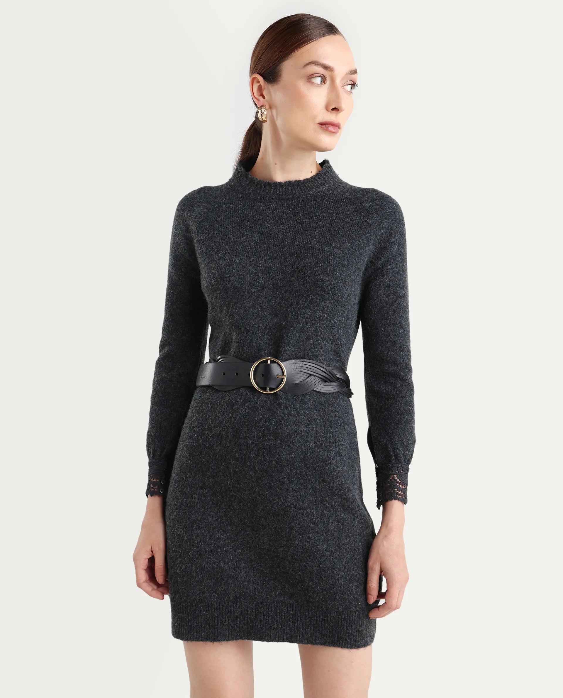 Rareism Women's Zisto Black Acrylic Blend Crew Neck Relaxed Fit Plain Dress