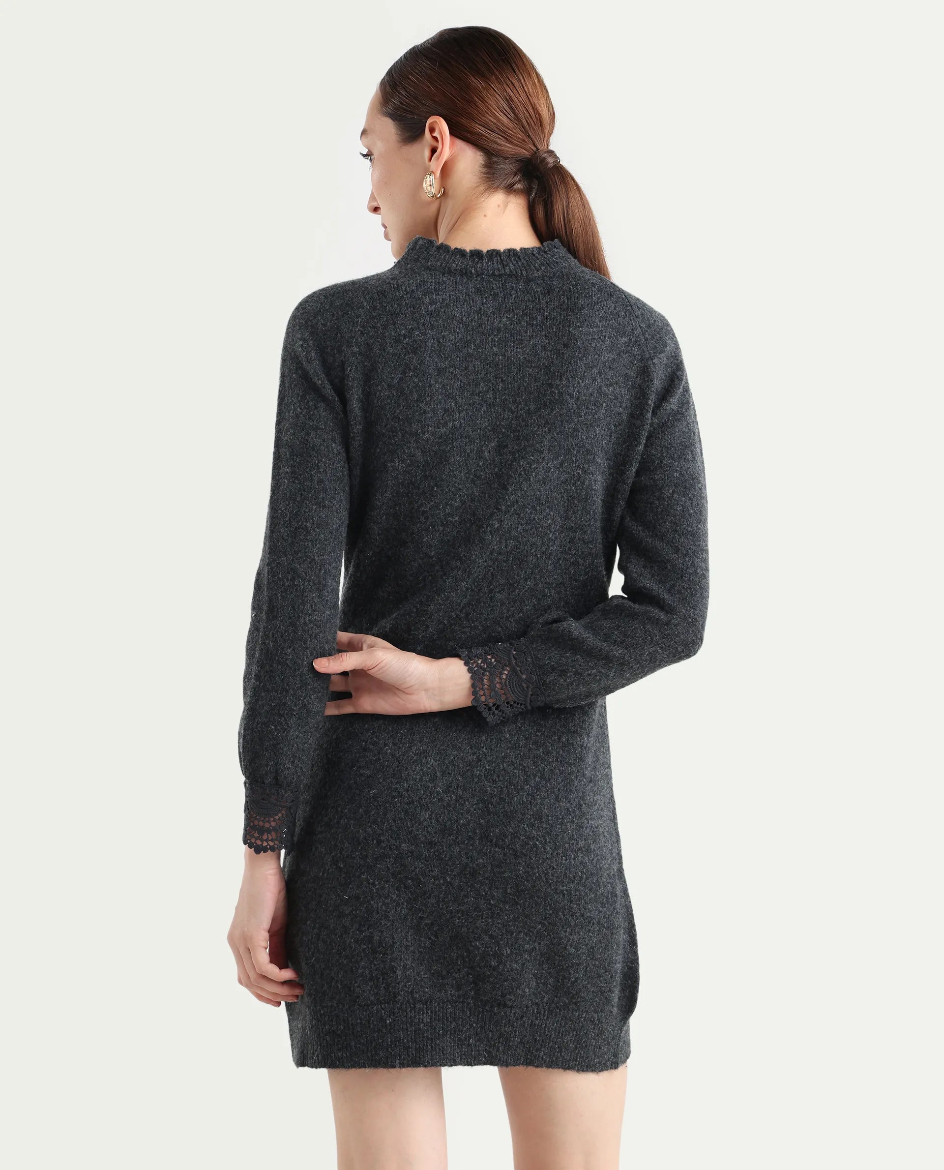 Rareism Women's Zisto Black Acrylic Blend Crew Neck Relaxed Fit Plain Dress