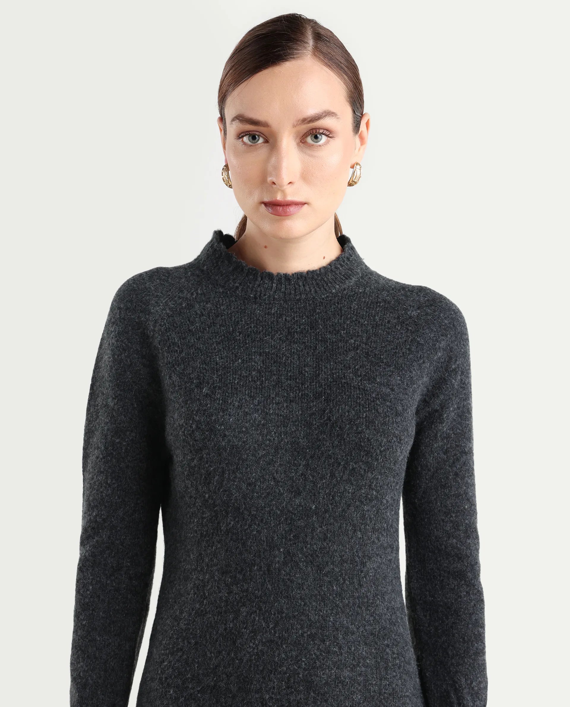 Rareism Women's Zisto Black Acrylic Blend Crew Neck Relaxed Fit Plain Dress