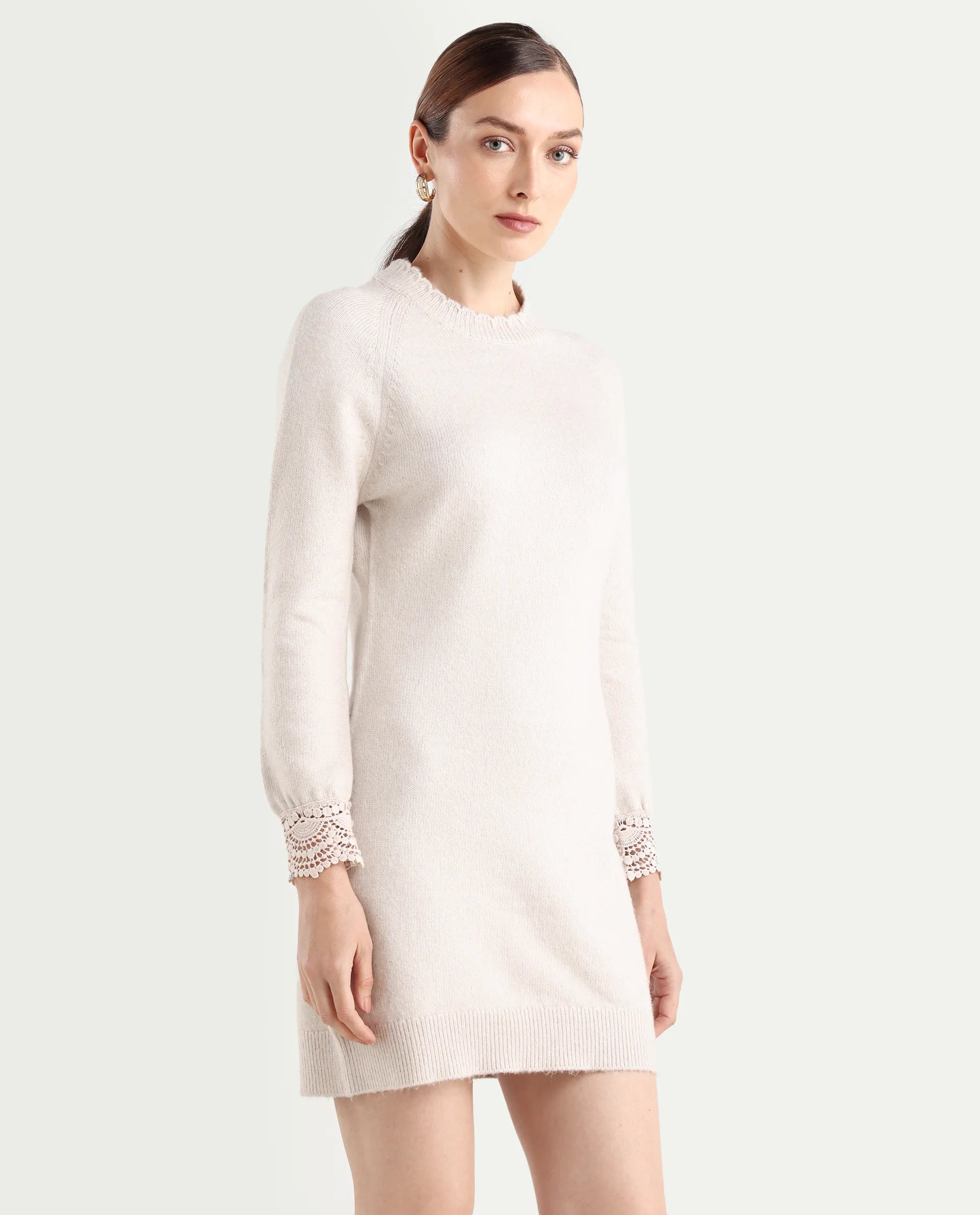 Rareism Women's Zisto Light Beige Acrylic Blend Crew Neck Relaxed Fit Plain Dress