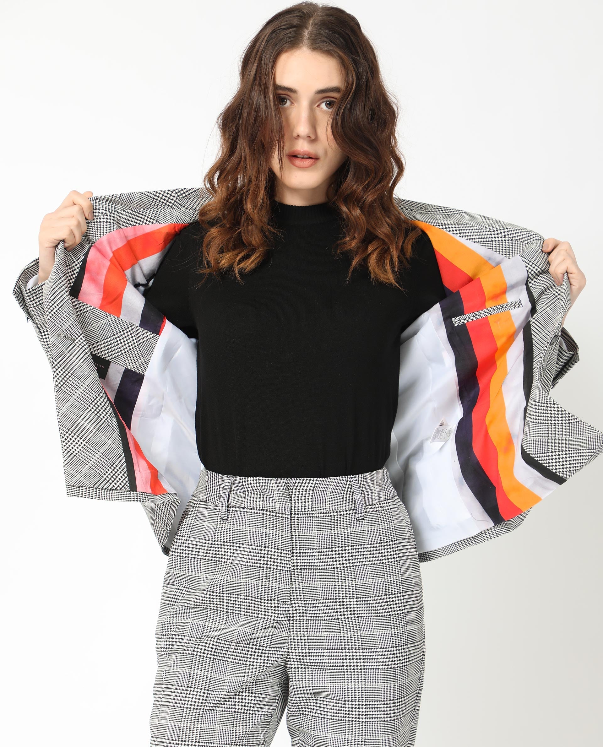 Rareism Women Zivaa Black Polyester Fabric Full Sleeves Button Closure Lapel Neck Tailored Fit Checked Blazer