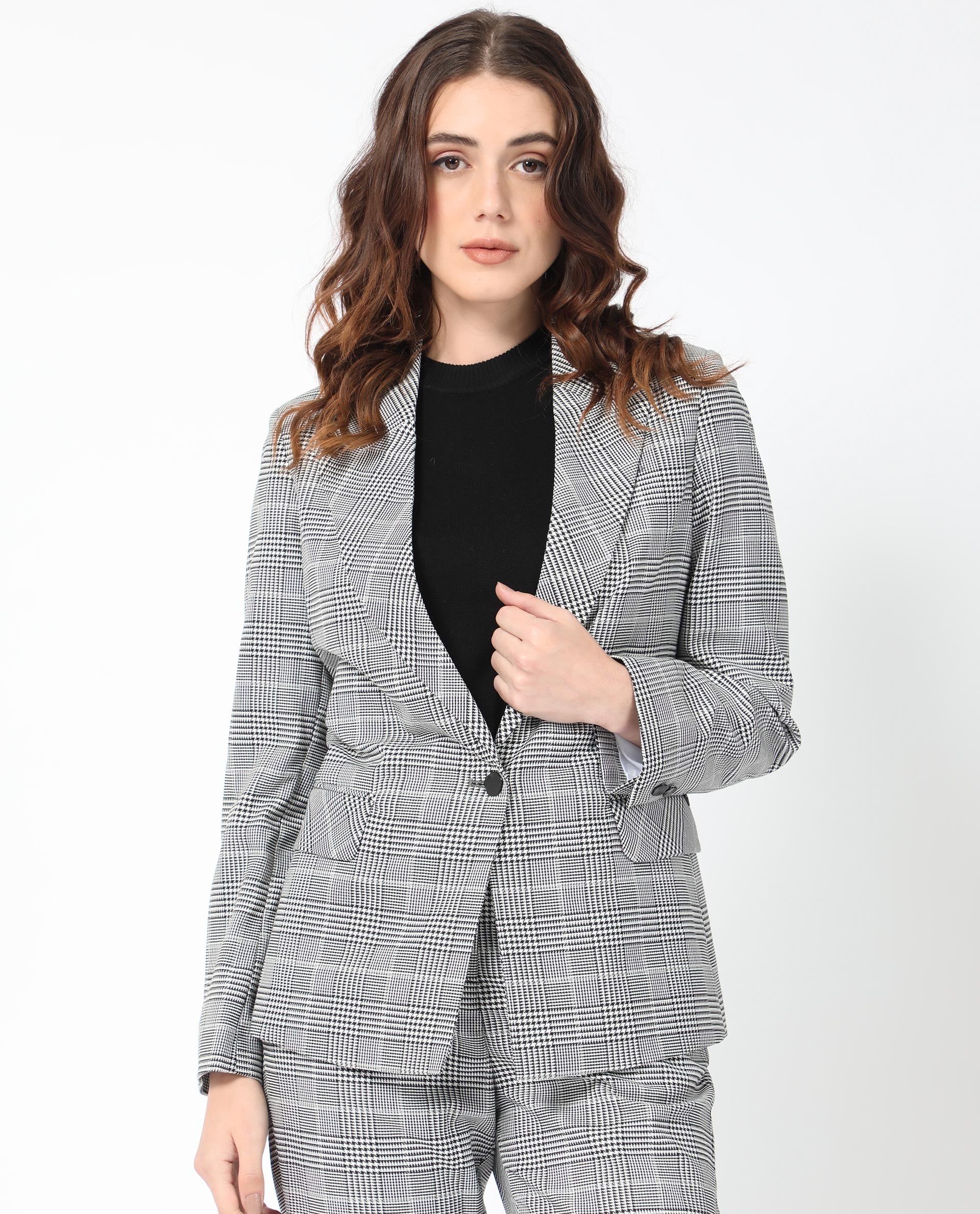 Rareism Women Zivaa Black Polyester Fabric Full Sleeves Button Closure Lapel Neck Tailored Fit Checked Blazer