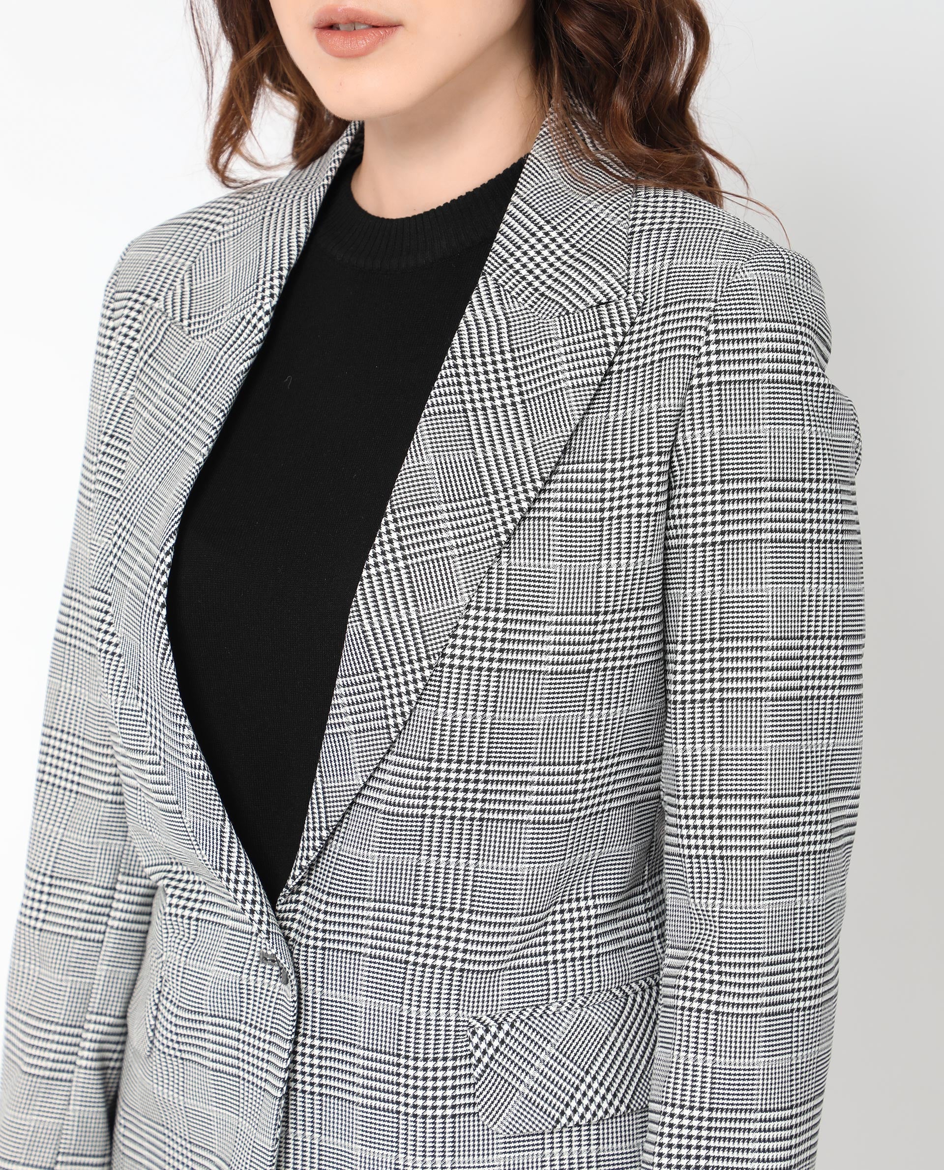 Rareism Women Zivaa Black Polyester Fabric Full Sleeves Button Closure Lapel Neck Tailored Fit Checked Blazer
