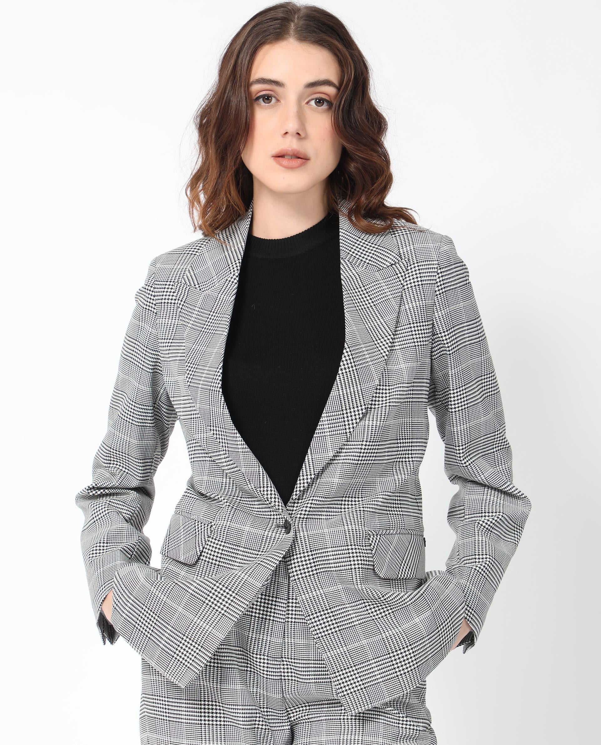 Rareism Women Zivaa Black Polyester Fabric Full Sleeves Button Closure Lapel Neck Tailored Fit Checked Blazer