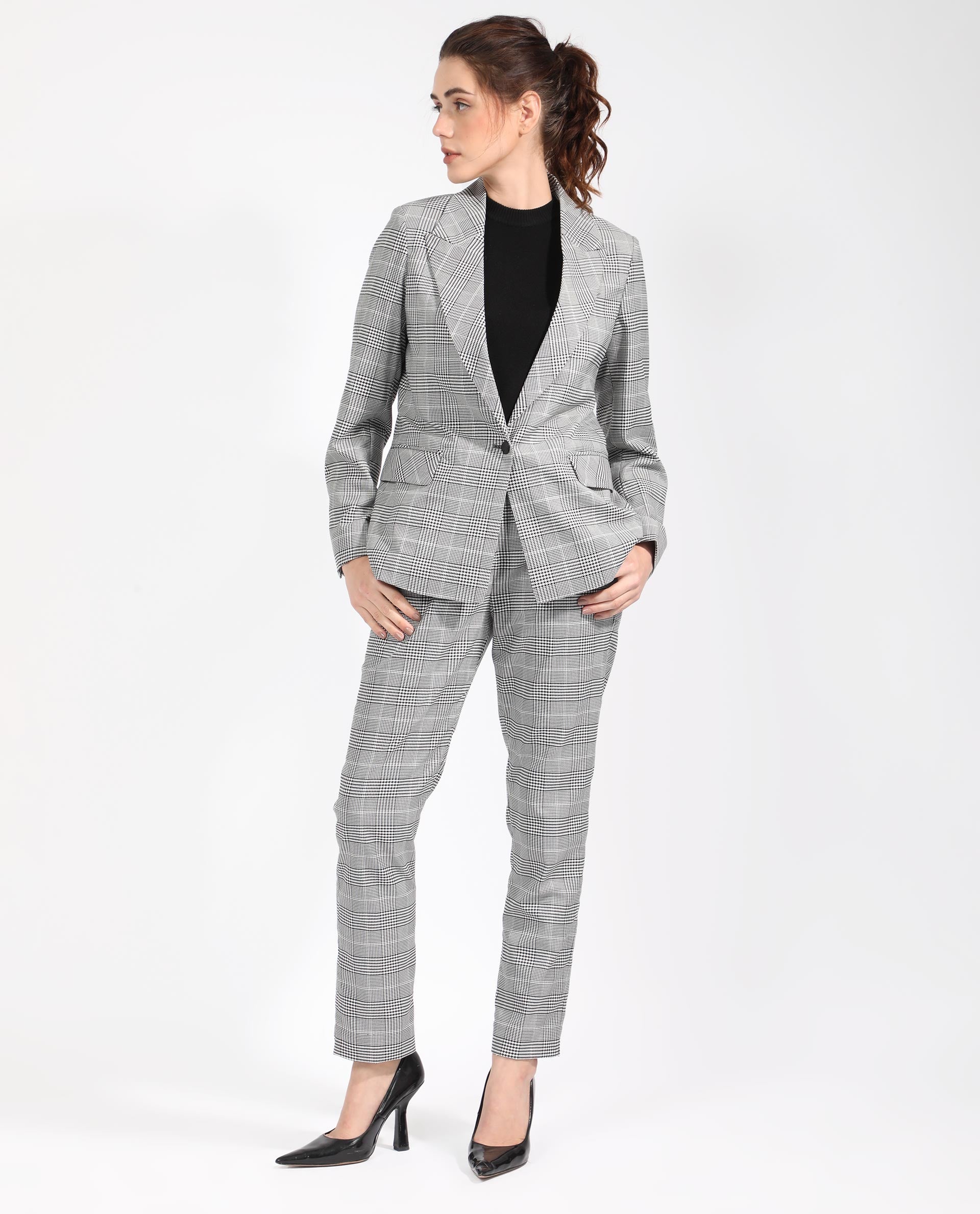 Rareism Women Zivaa Black Polyester Fabric Full Sleeves Button Closure Lapel Neck Tailored Fit Checked Blazer