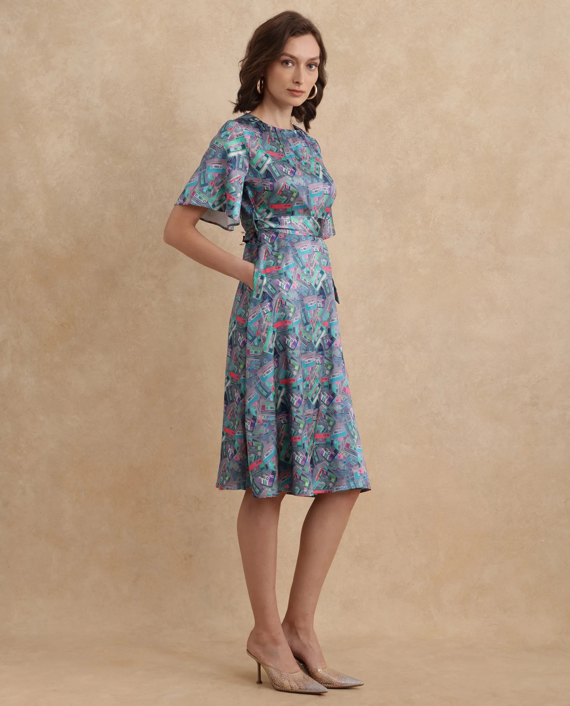 Rareism Women's Zived Multi Satin Fabric Round Neck Tie-Up Closure Ruffled Sleeve Object Print Fit And Flare Midi Dress