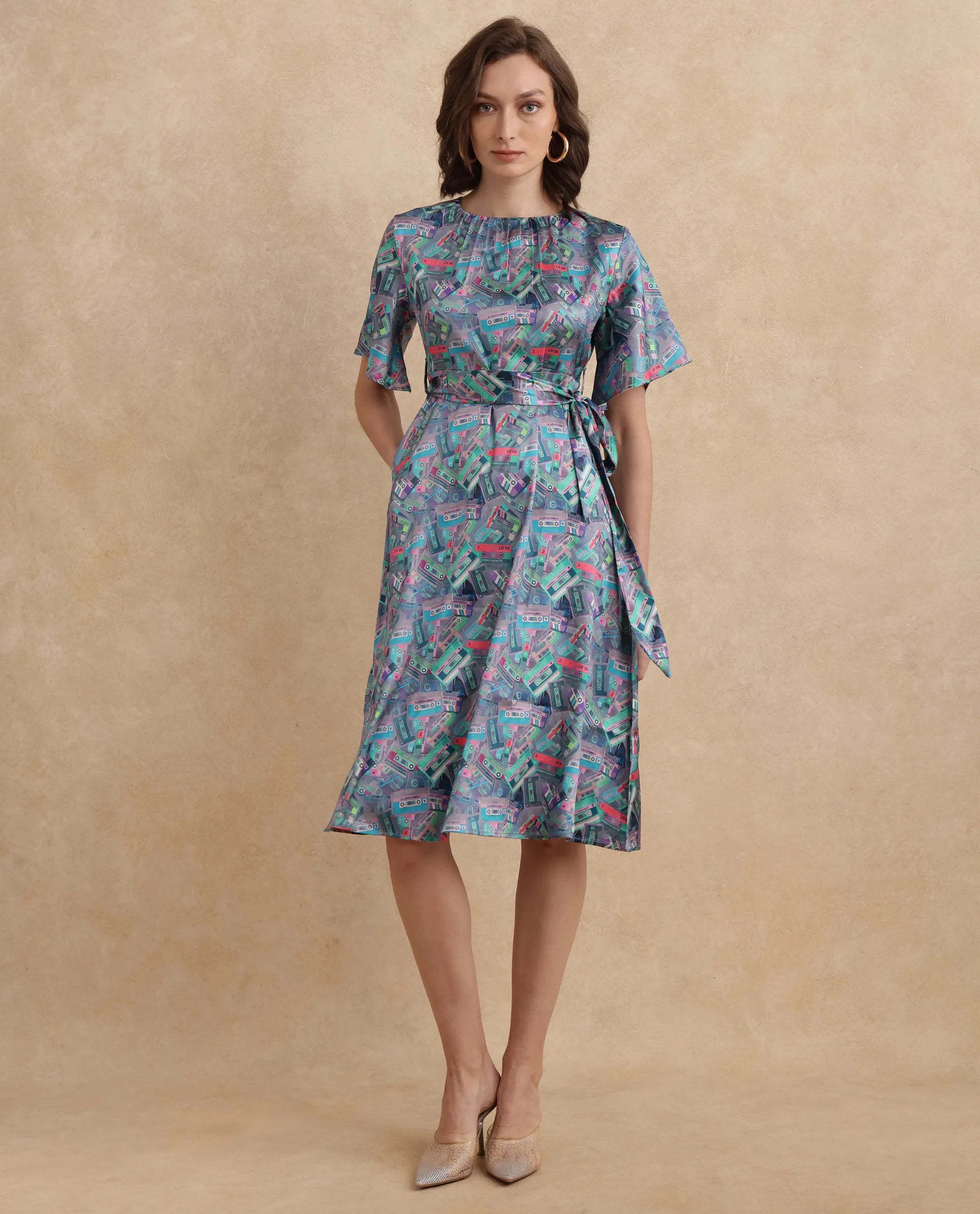 Rareism Women's Zived Multi Satin Fabric Round Neck Tie-Up Closure Ruffled Sleeve Object Print Fit And Flare Midi Dress