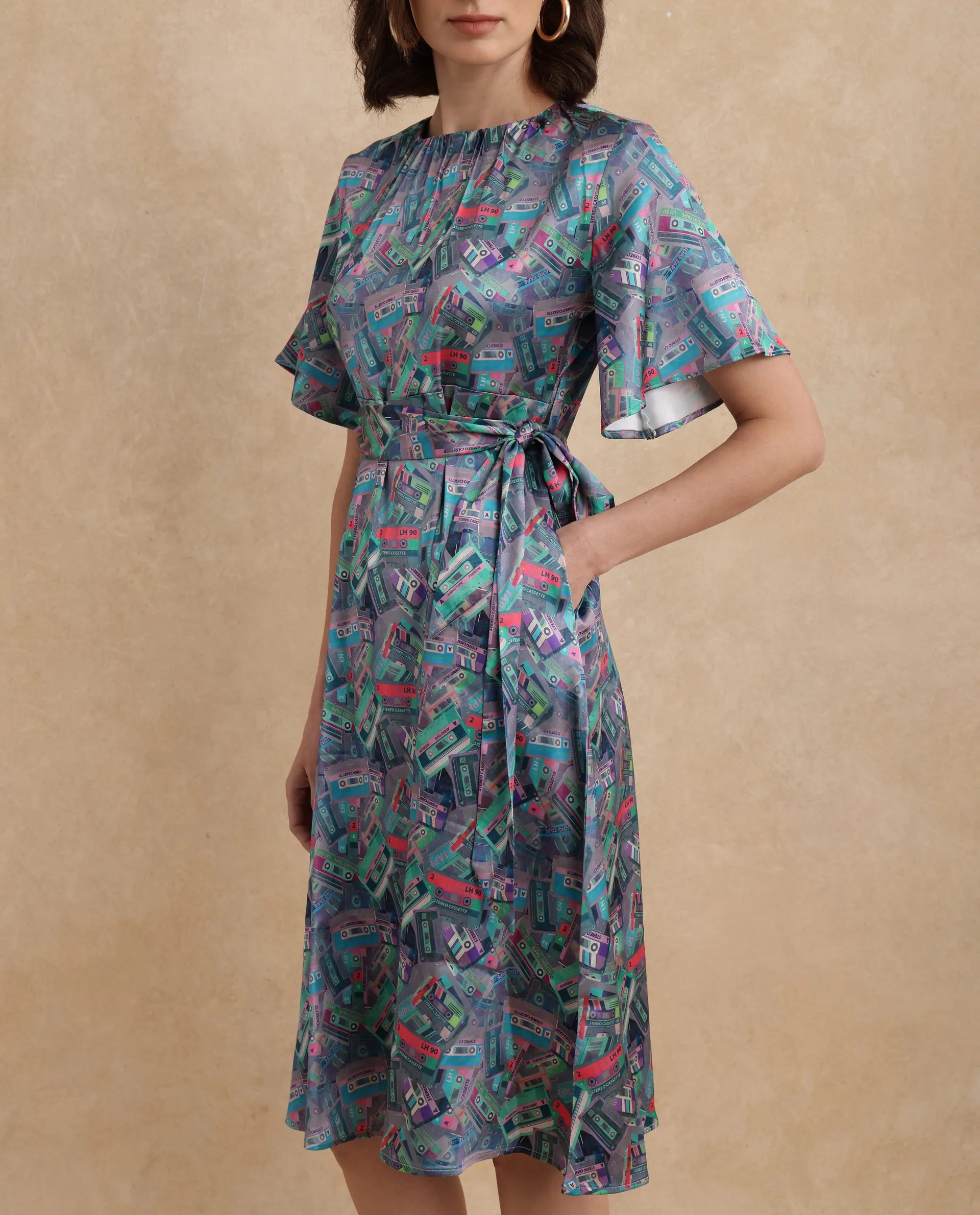 Rareism Women's Zived Multi Satin Fabric Round Neck Tie-Up Closure Ruffled Sleeve Object Print Fit And Flare Midi Dress