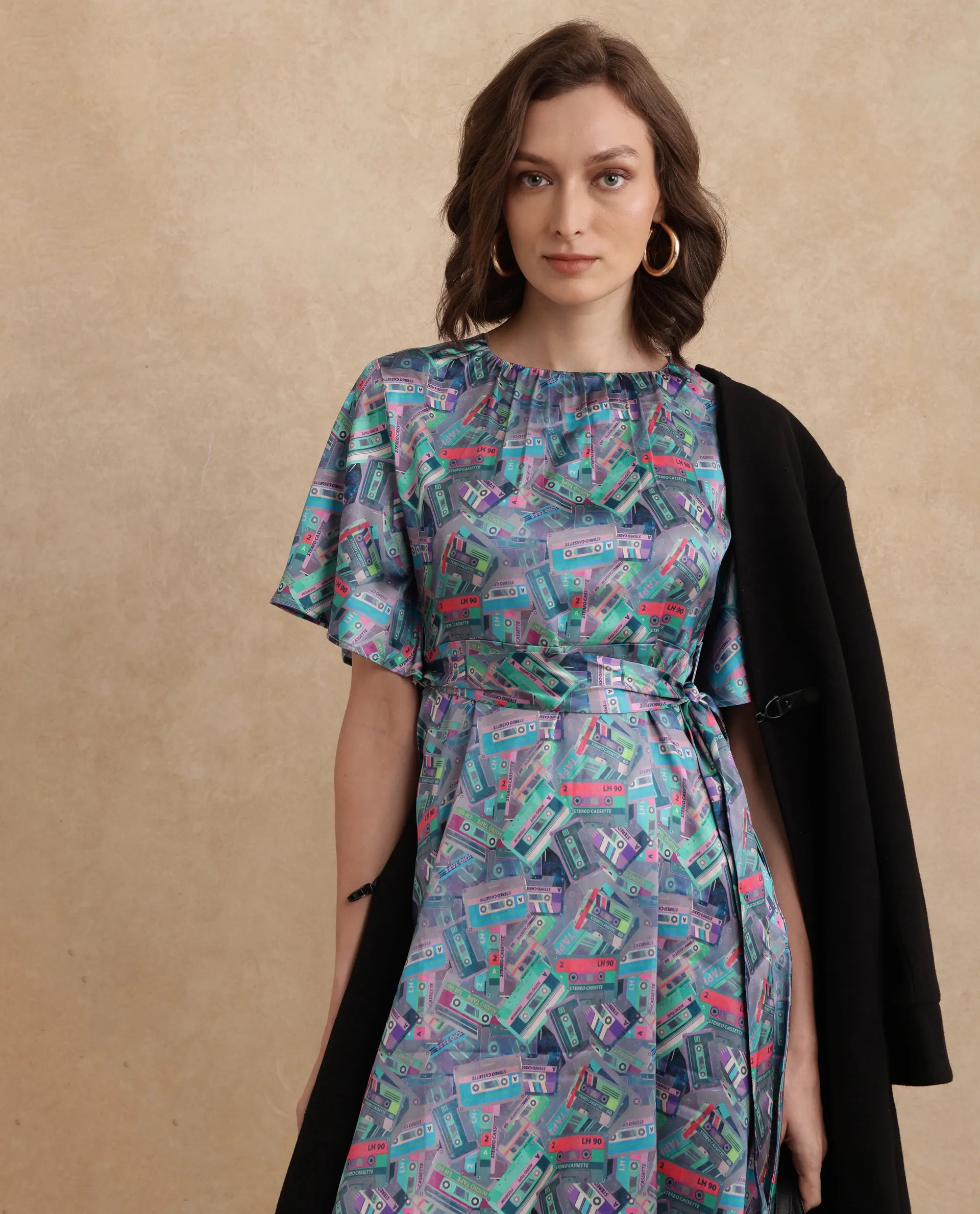 Rareism Women's Zived Multi Satin Fabric Round Neck Tie-Up Closure Ruffled Sleeve Object Print Fit And Flare Midi Dress