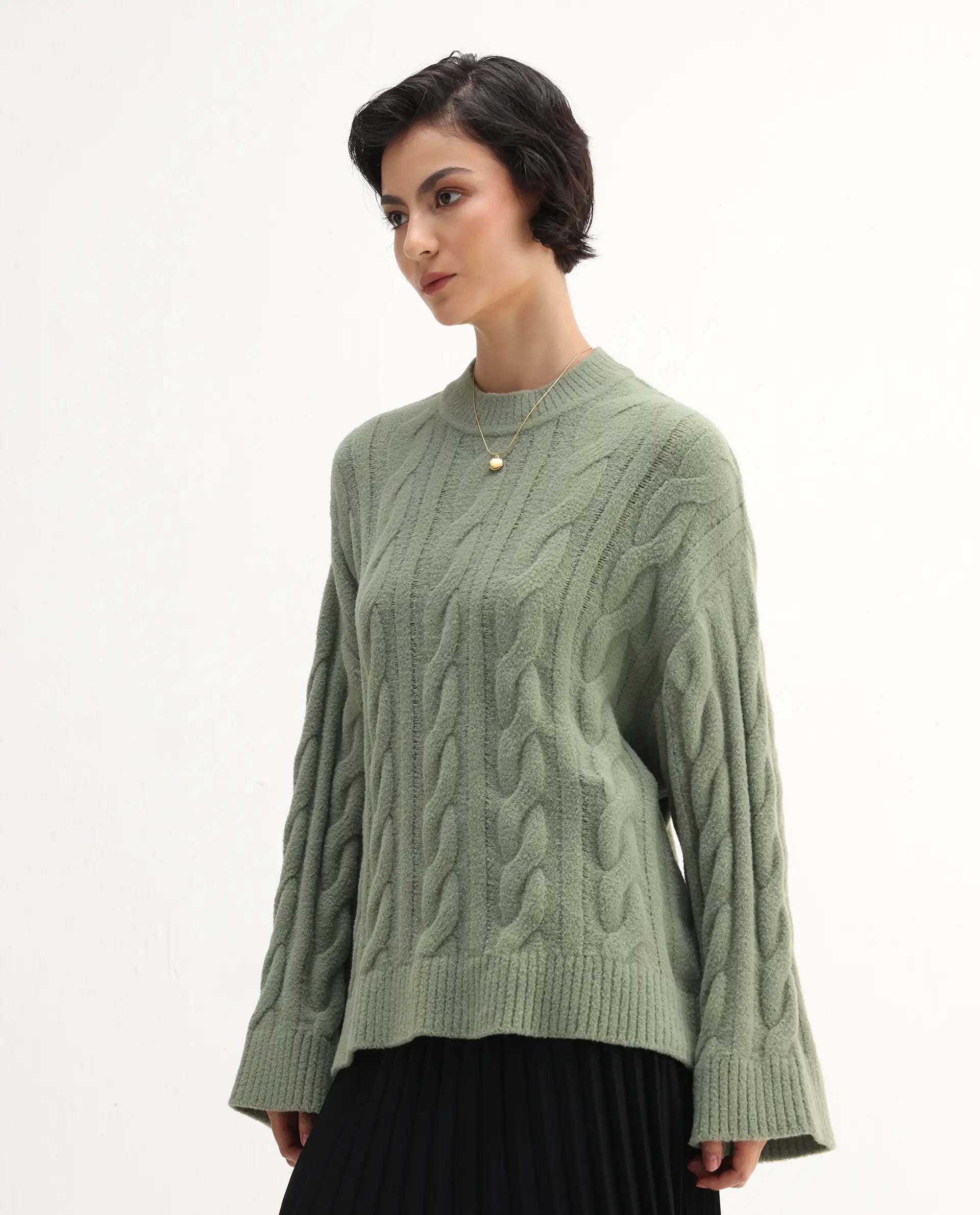 Rareism Women's Ziv Olive Nylon High Neck Oversize Fit Sweater