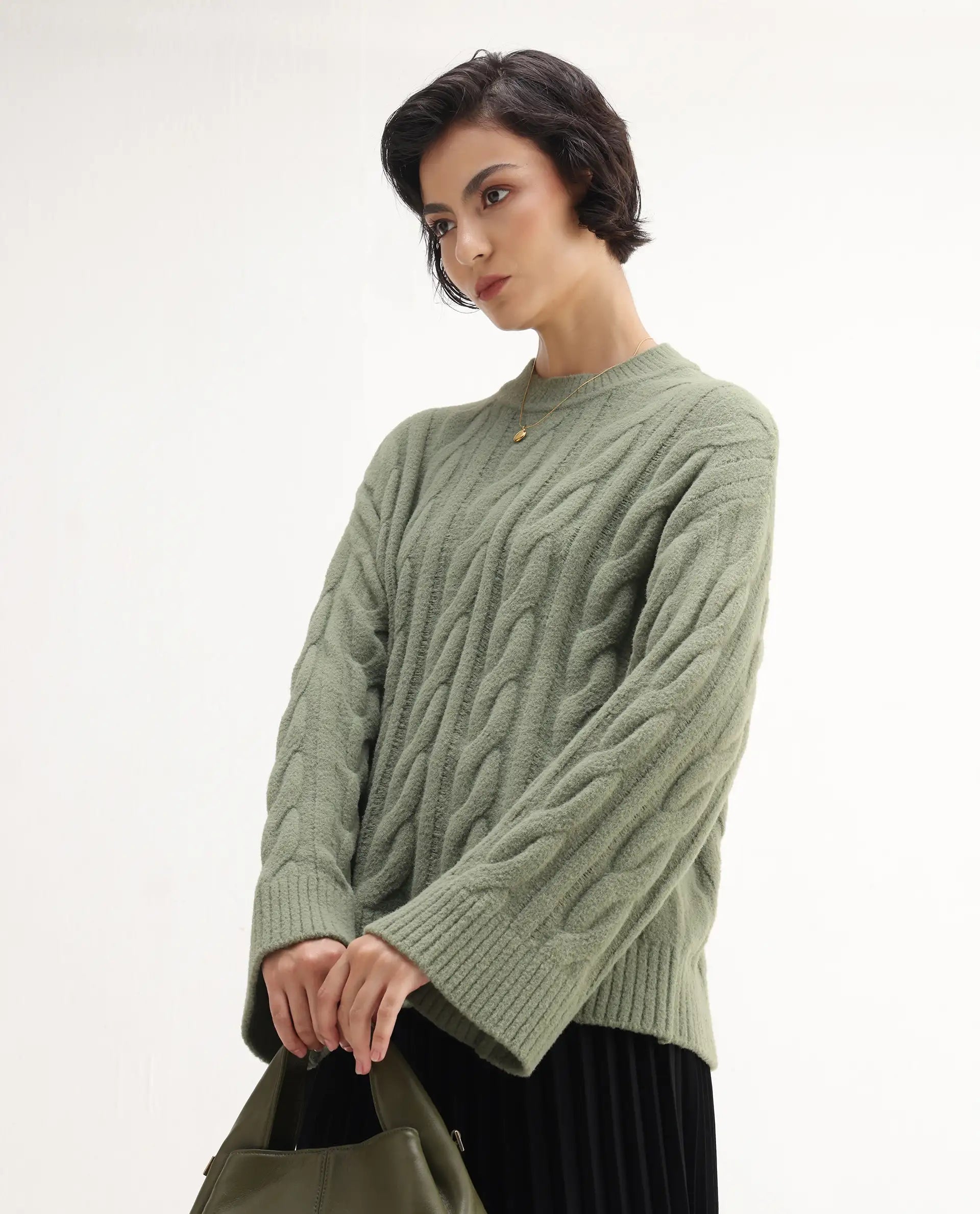 Rareism Women's Ziv Olive Nylon High Neck Oversize Fit Sweater