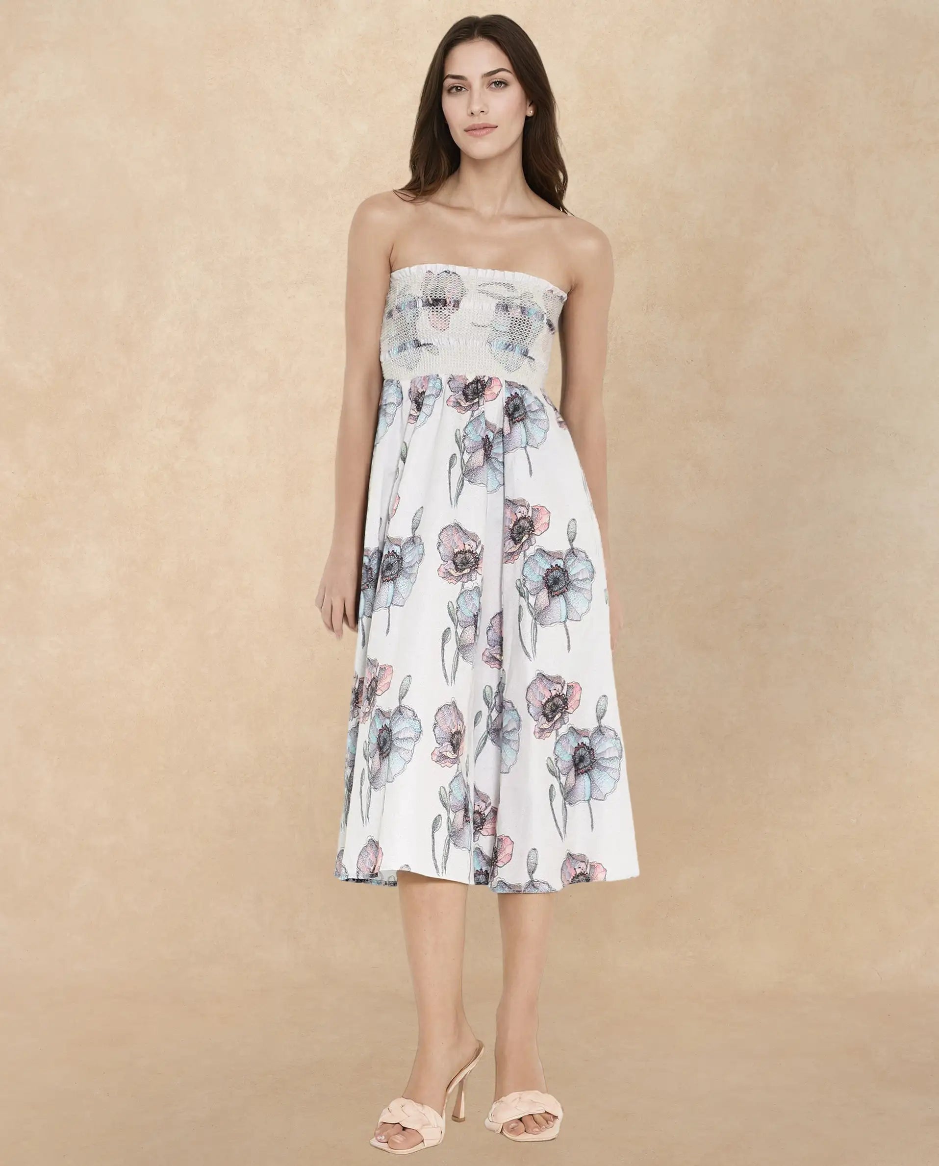 Rareism Women's Zobian Multi Cotton Fabric Tube Neck Floral Print Fit And Flare Midi Dress