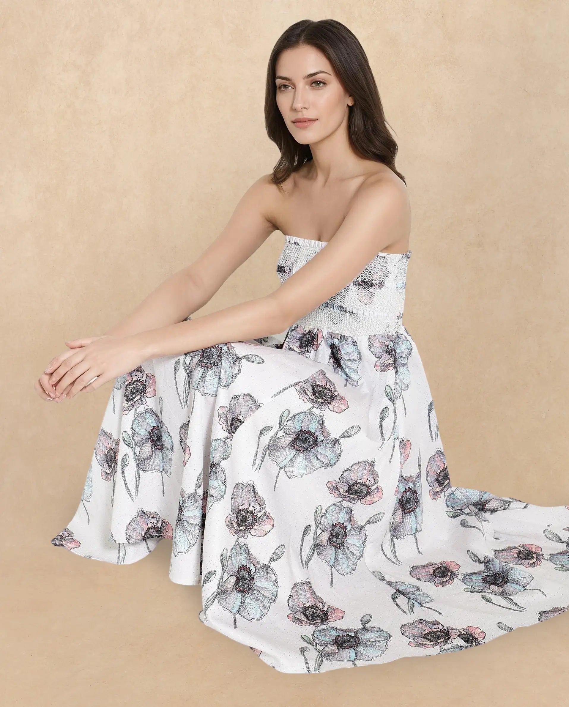 Rareism Women's Zobian Multi Cotton Fabric Tube Neck Floral Print Fit And Flare Midi Dress