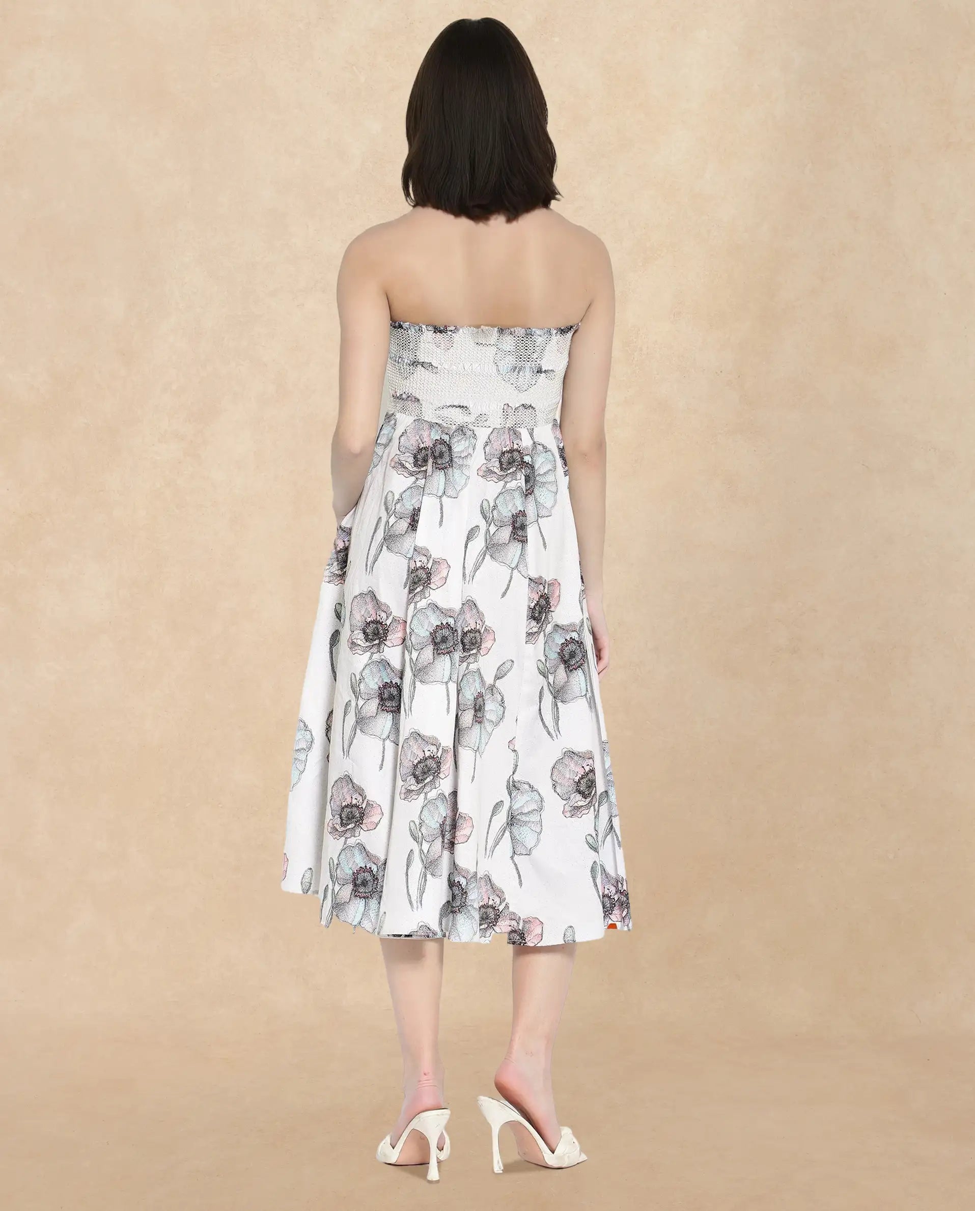 Rareism Women's Zobian Multi Cotton Fabric Tube Neck Floral Print Fit And Flare Midi Dress