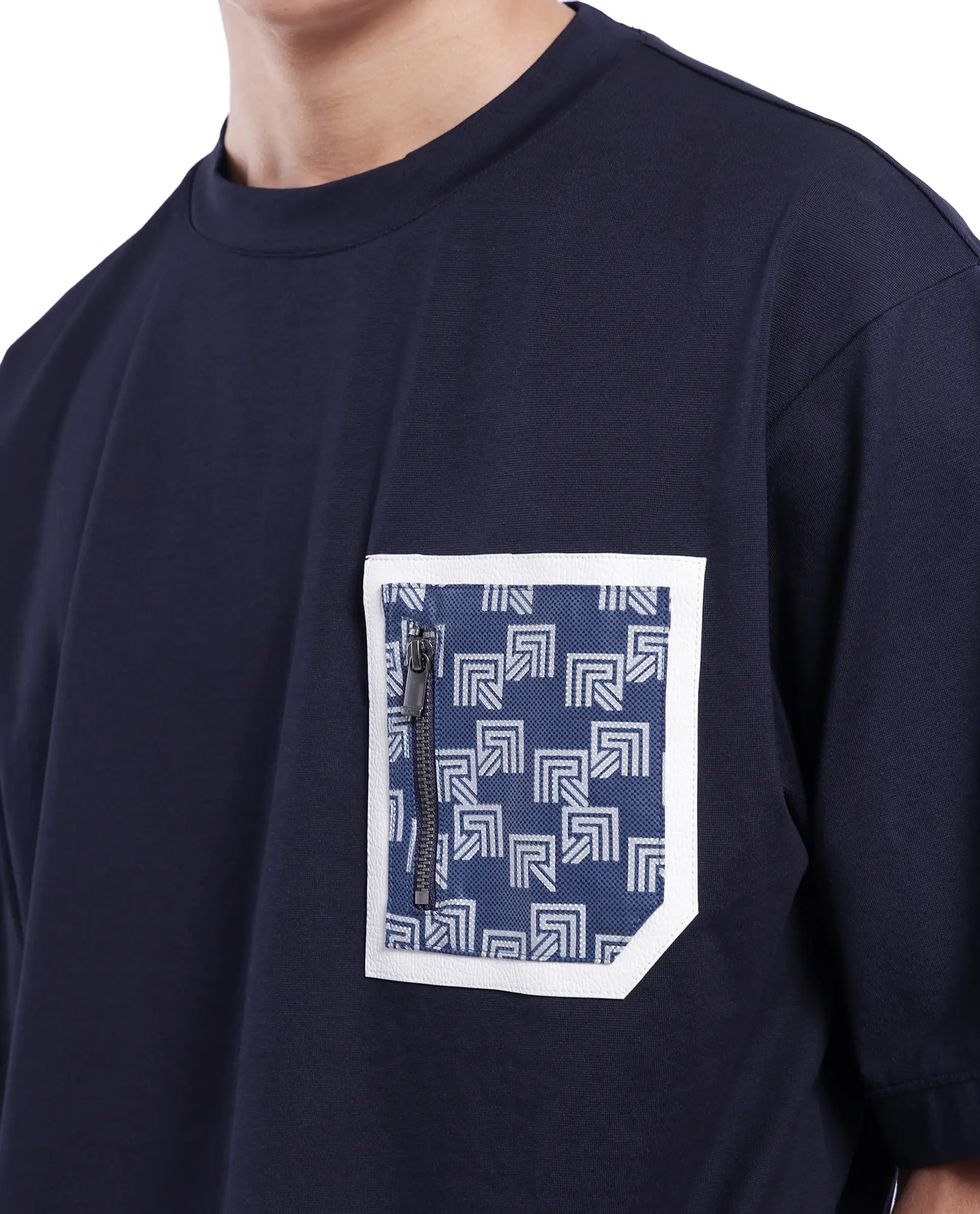 Rare Rabbit Men Zobo Navy Cotton Blend Fabric Short Sleeve Crew Neck Oversized Fit Monogram Print Pocket T-Shirt