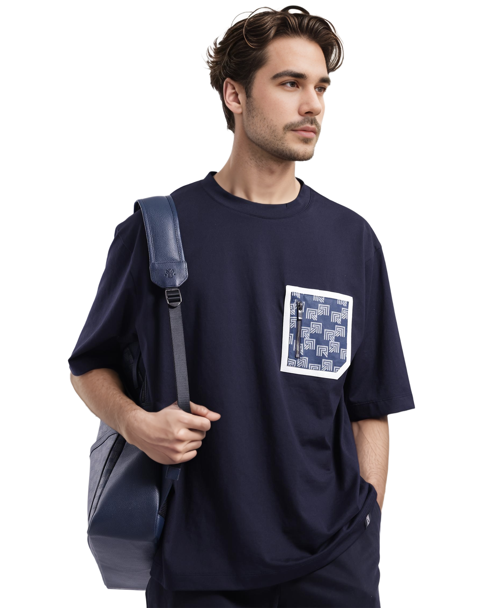 Rare Rabbit Men Zobo Navy Cotton Blend Fabric Short Sleeve Crew Neck Oversized Fit Monogram Print Pocket T-Shirt