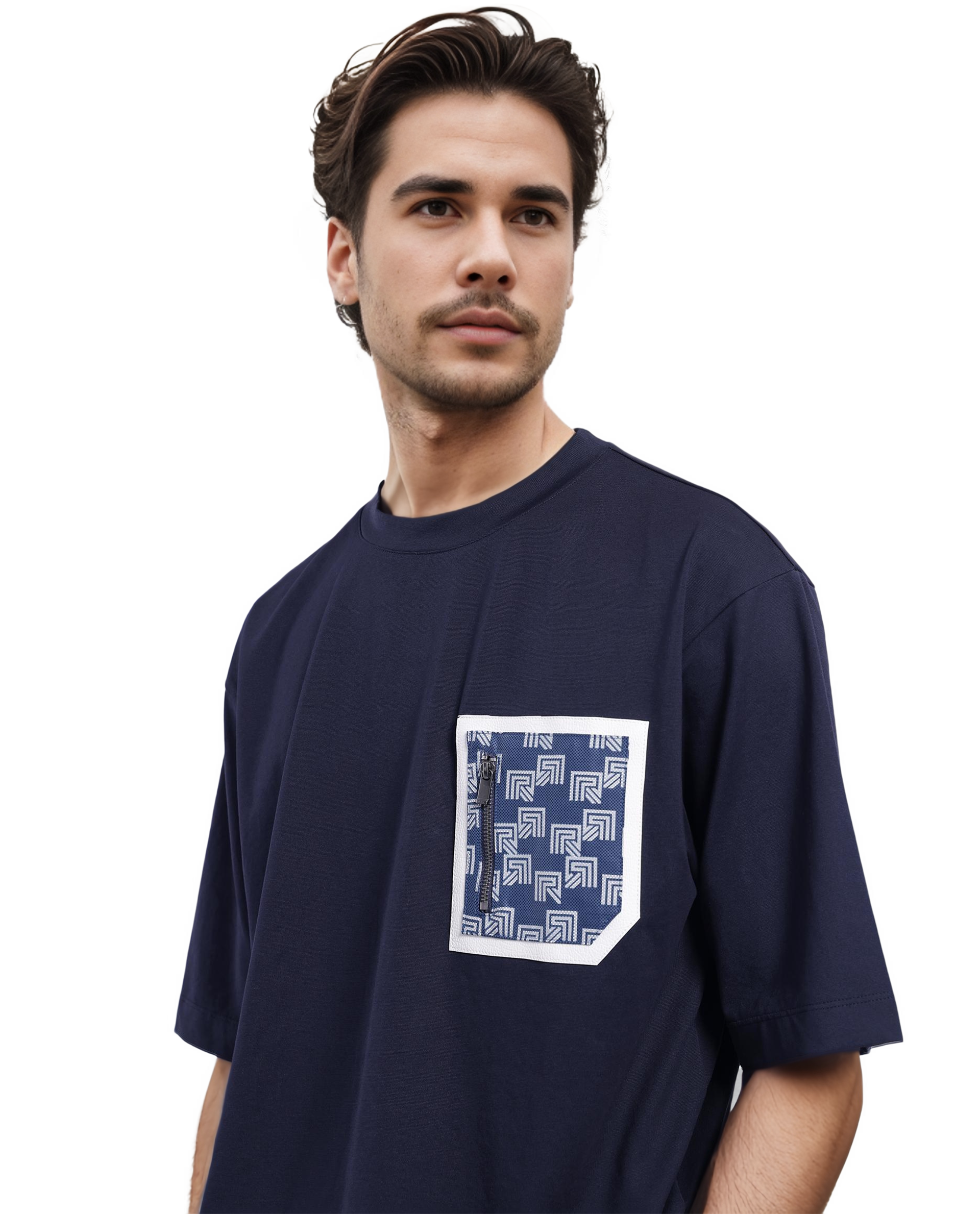 Rare Rabbit Men Zobo Navy Cotton Blend Fabric Short Sleeve Crew Neck Oversized Fit Monogram Print Pocket T-Shirt
