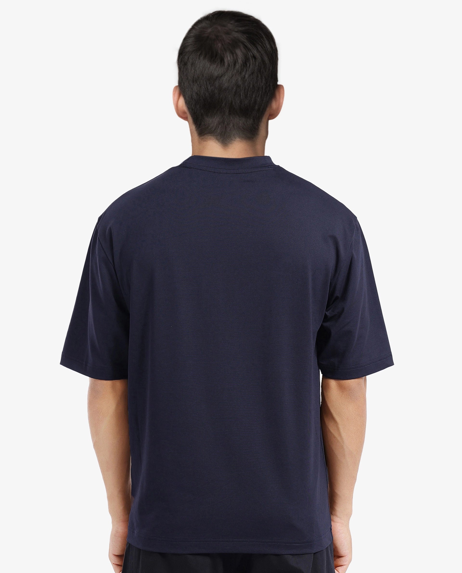 Rare Rabbit Men Zobo Navy Cotton Blend Fabric Short Sleeve Crew Neck Oversized Fit Monogram Print Pocket T-Shirt