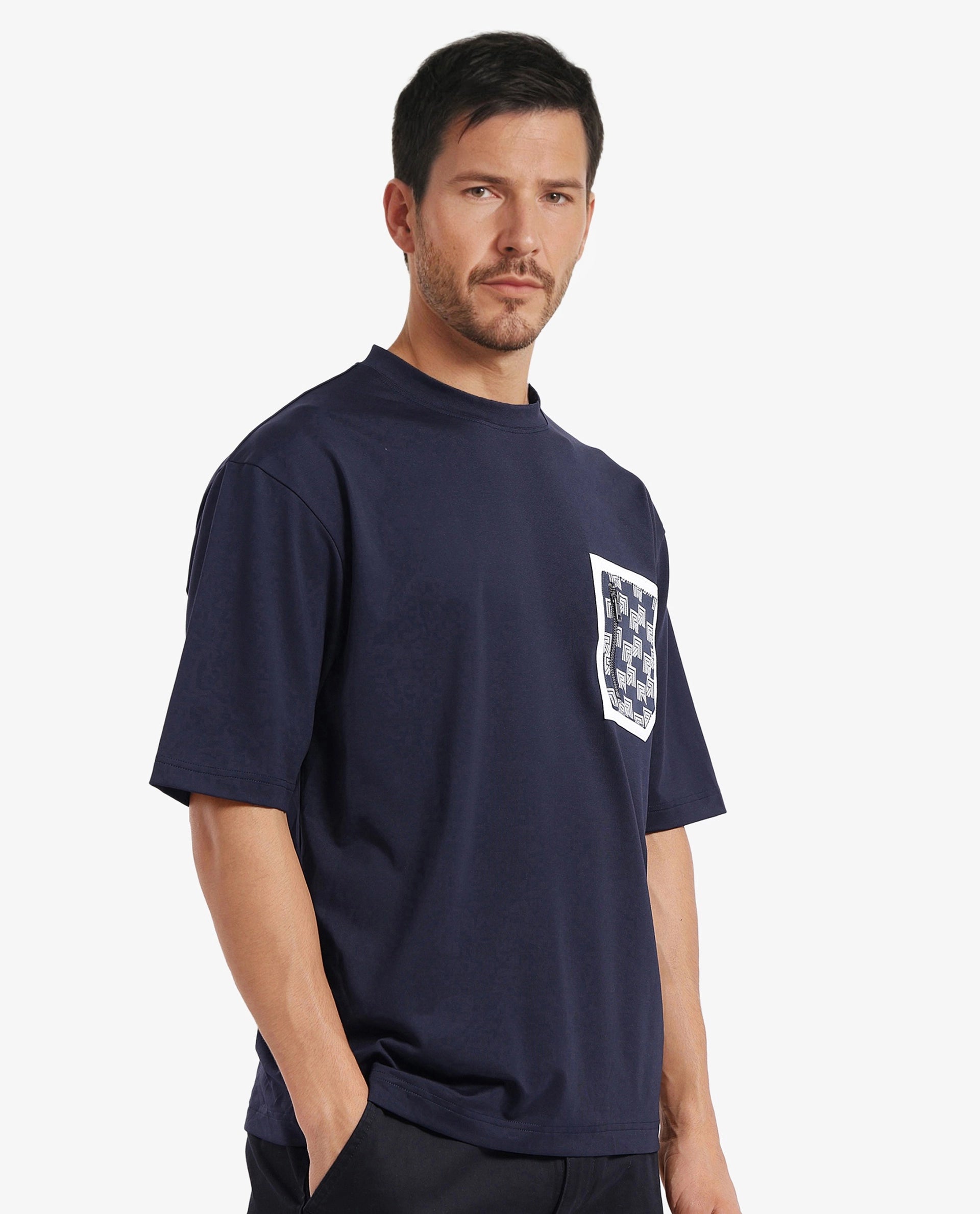 Rare Rabbit Men Zobo Navy Cotton Blend Fabric Short Sleeve Crew Neck Oversized Fit Monogram Print Pocket T-Shirt