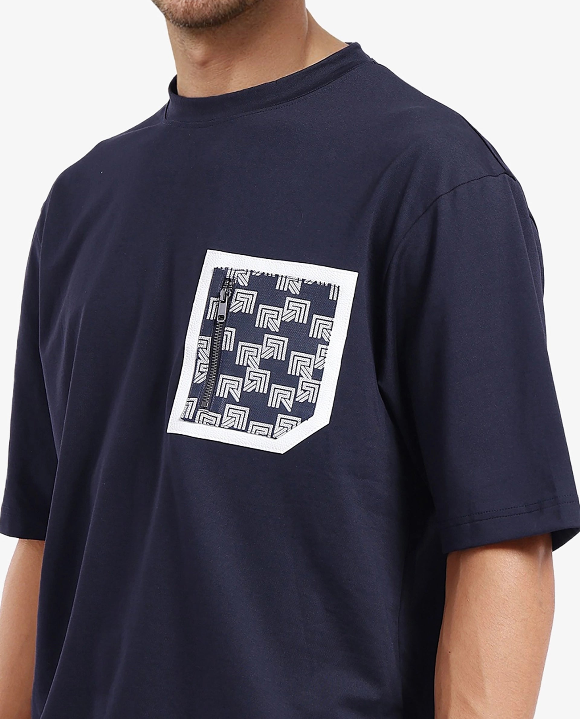 Rare Rabbit Men Zobo Navy Cotton Blend Fabric Short Sleeve Crew Neck Oversized Fit Monogram Print Pocket T-Shirt