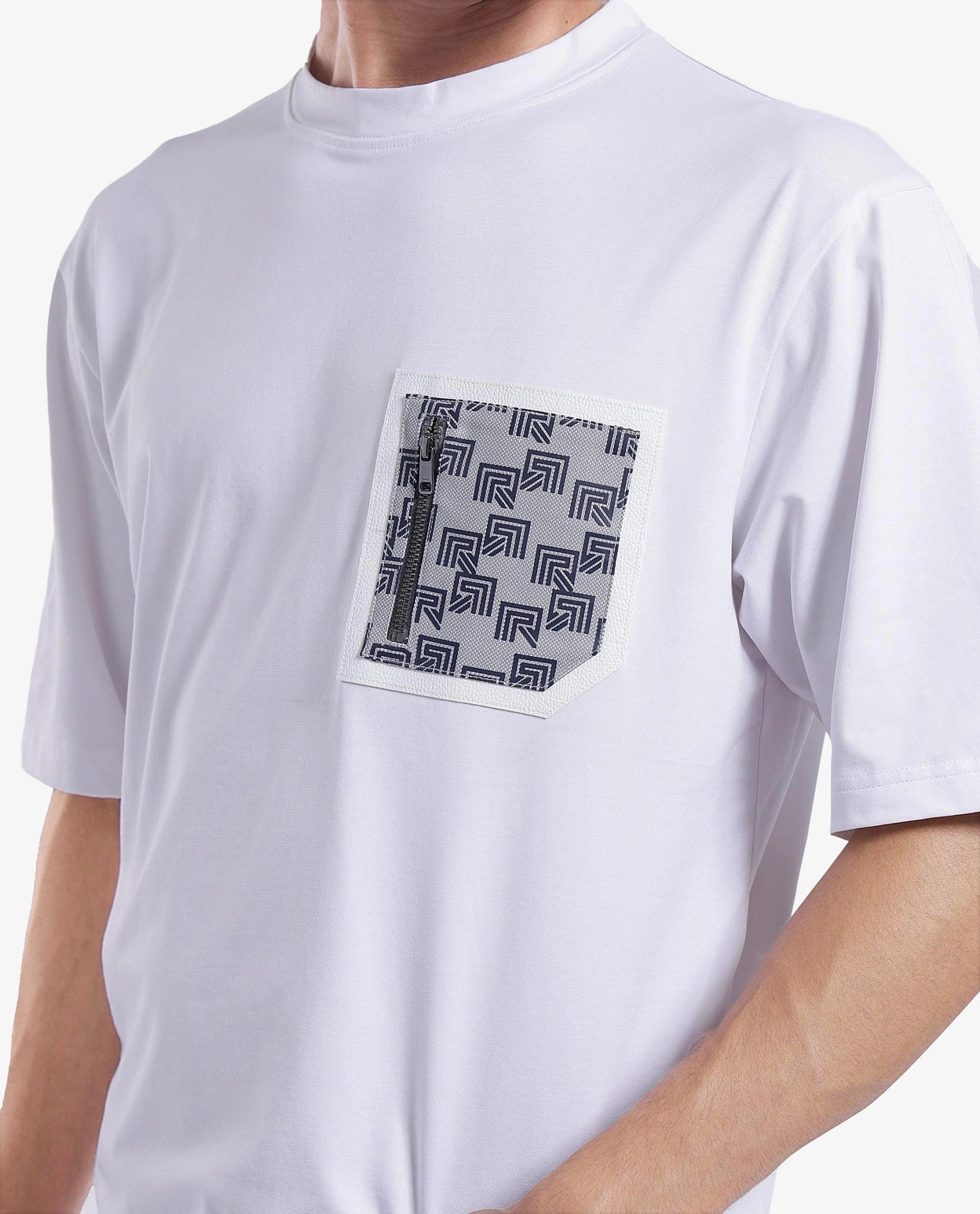 Rare Rabbit Men Zobo White Cotton Blend Fabric Short Sleeve Crew Neck Oversized Fit Monogram Print Pocket T-Shirt