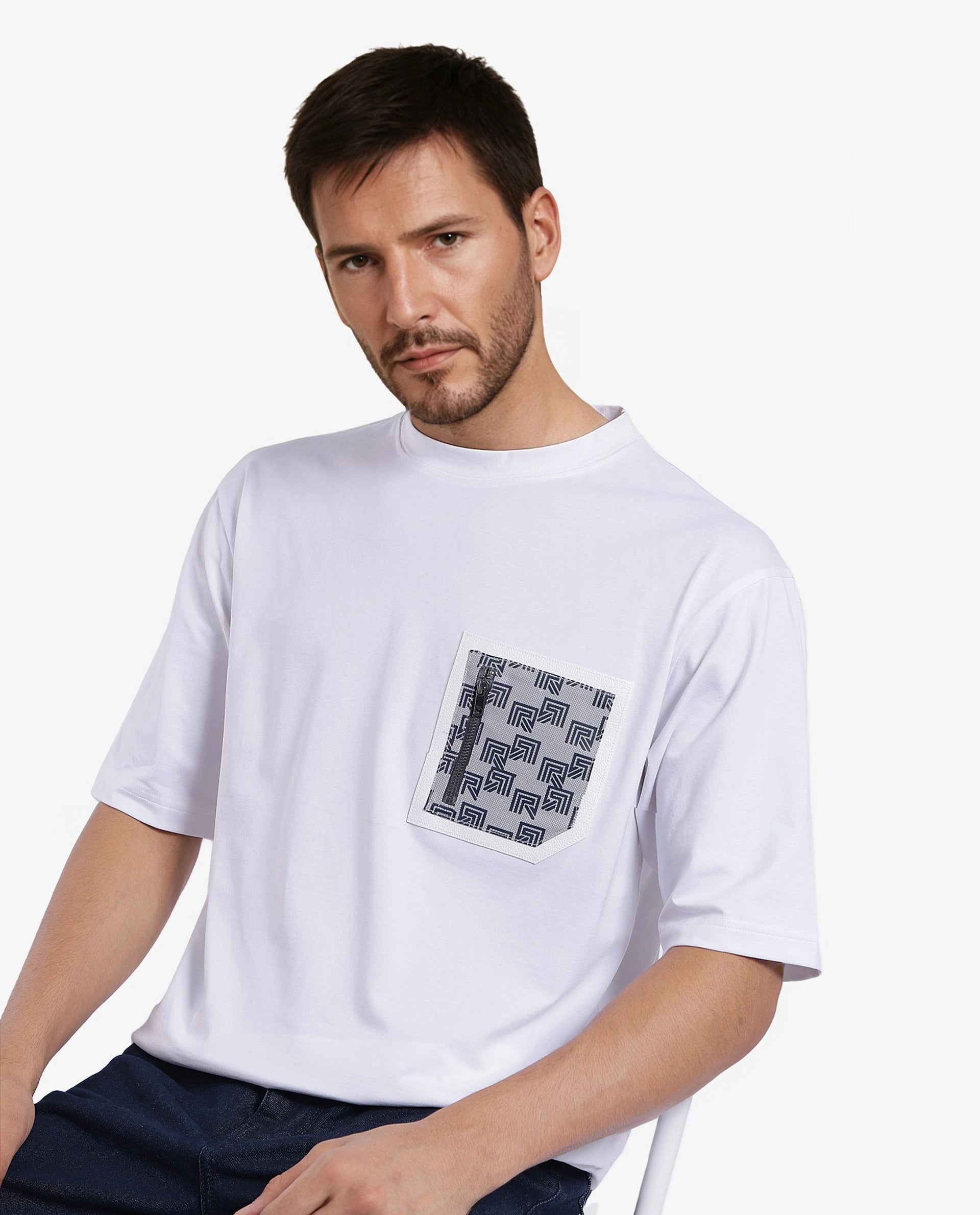 Rare Rabbit Men Zobo White Cotton Blend Fabric Short Sleeve Crew Neck Oversized Fit Monogram Print Pocket T-Shirt