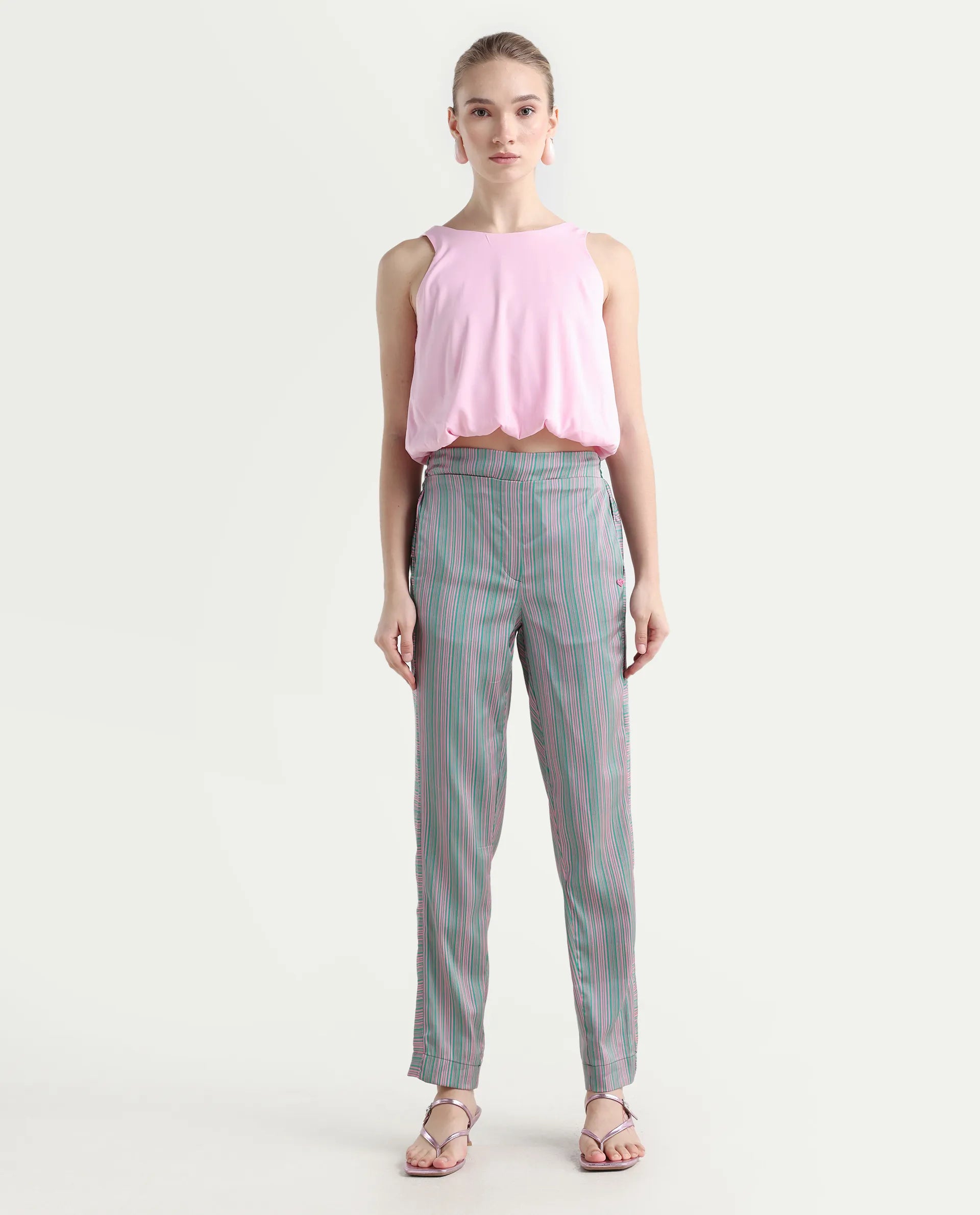 Rareism Women's Zoe Pink Polyester Striped Ankle Length Tailored Trouser