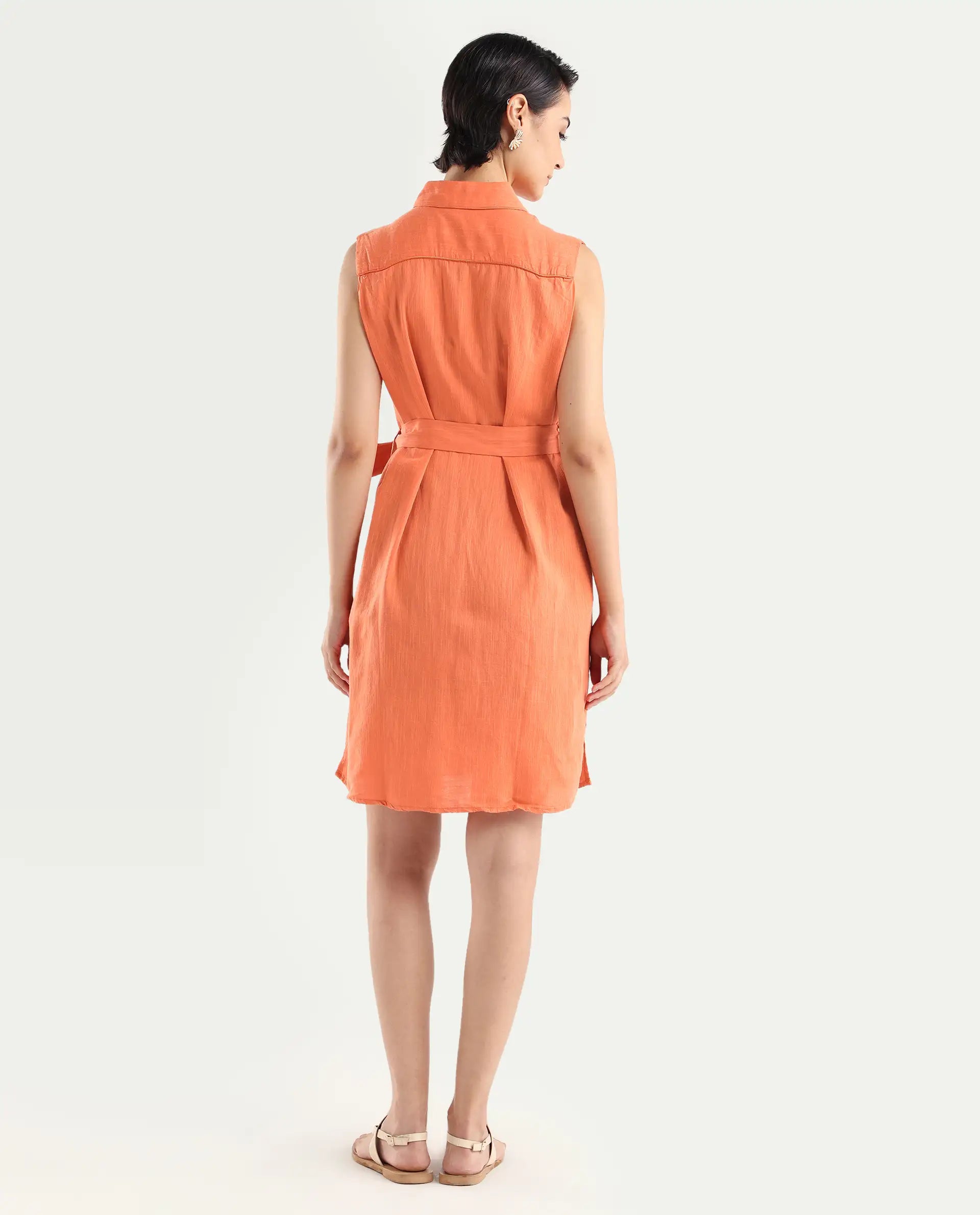 Rareism Women's Zolaa Orange Linen Spread Collar Plain Sleeveless Mini Regular Fit Dress